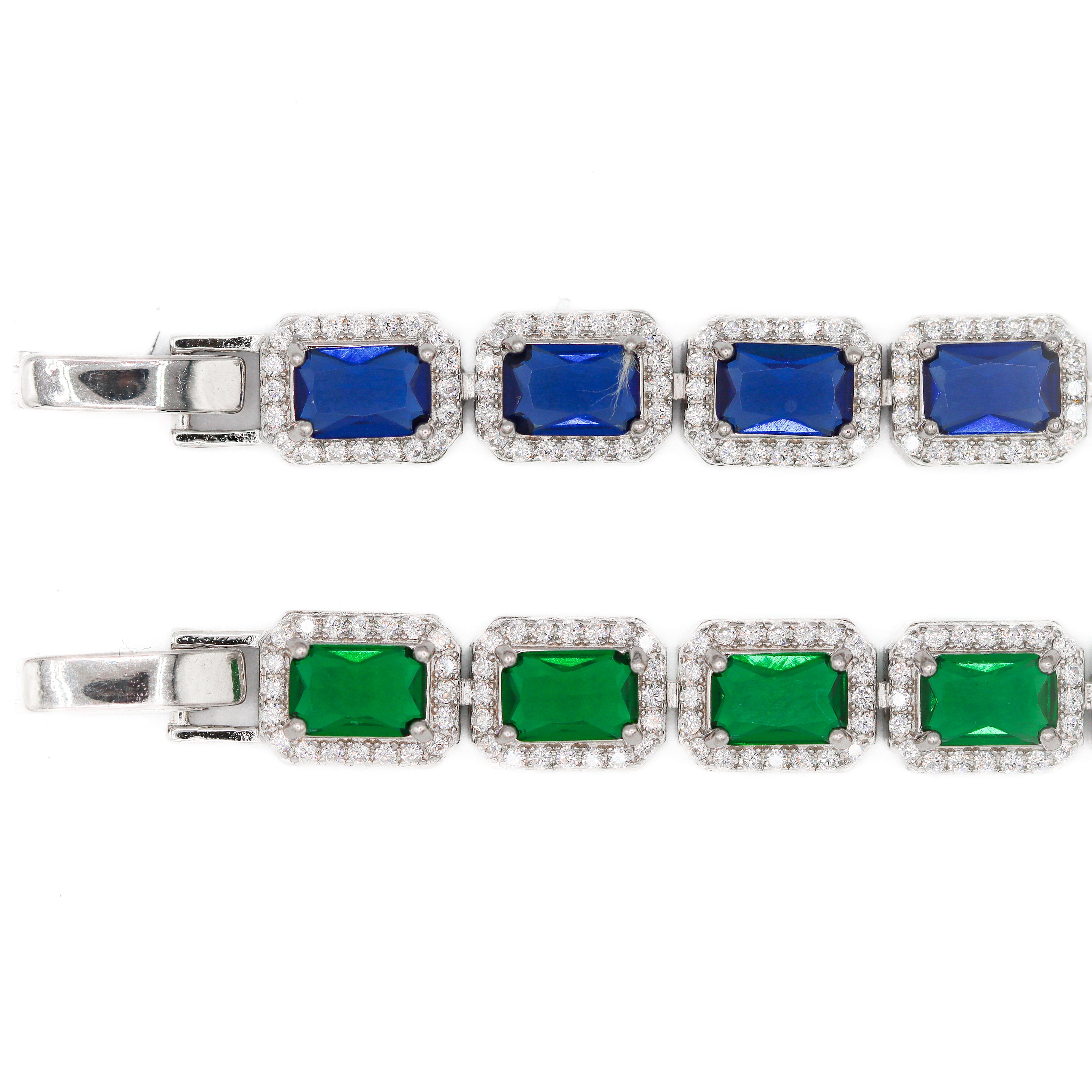 Two Bracelets with Created Emeralds, Created Blue Sapphires, and Created White Sapphires.