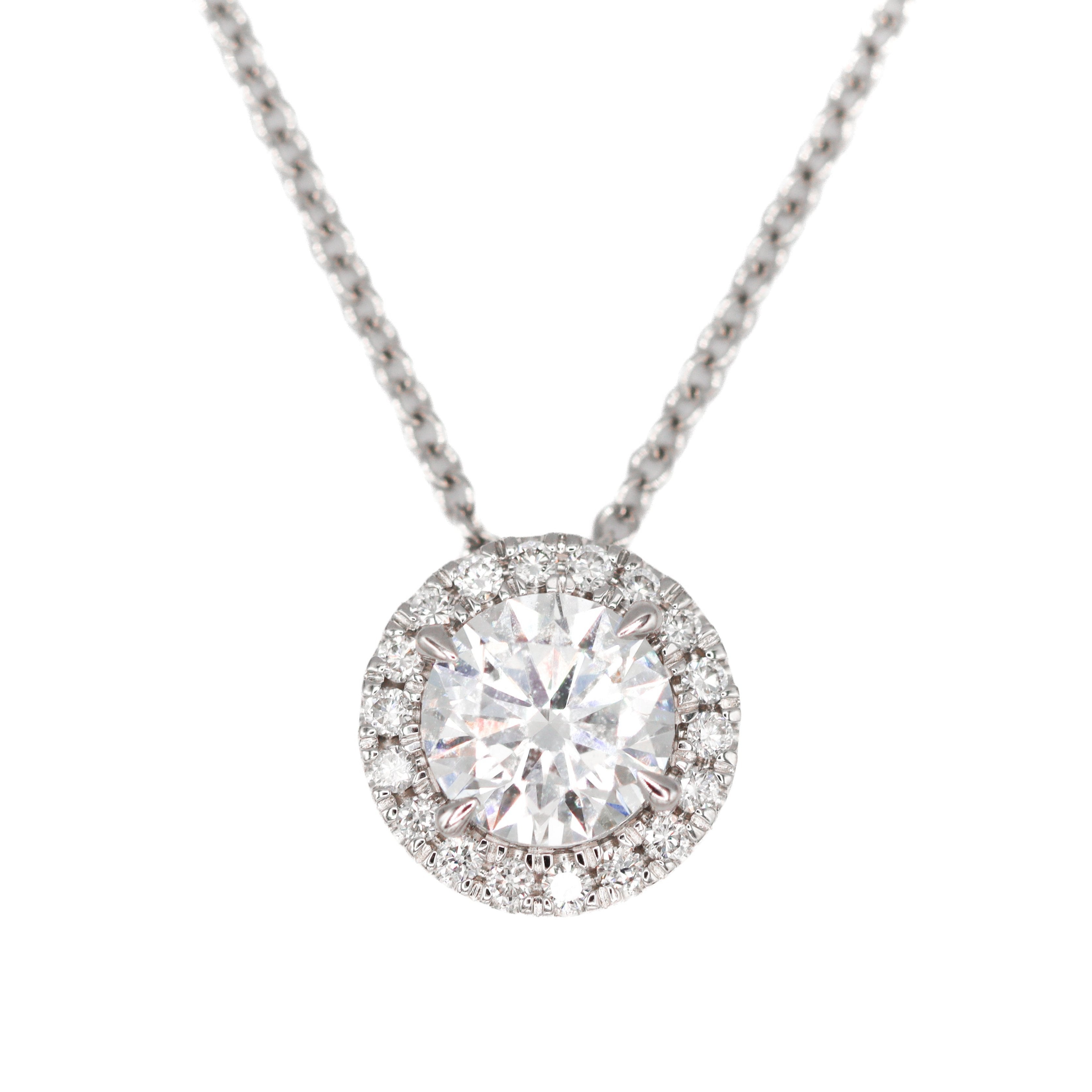 14K White Gold 1CT. Lab-Grown Diamond Round Halo Pendant Necklace