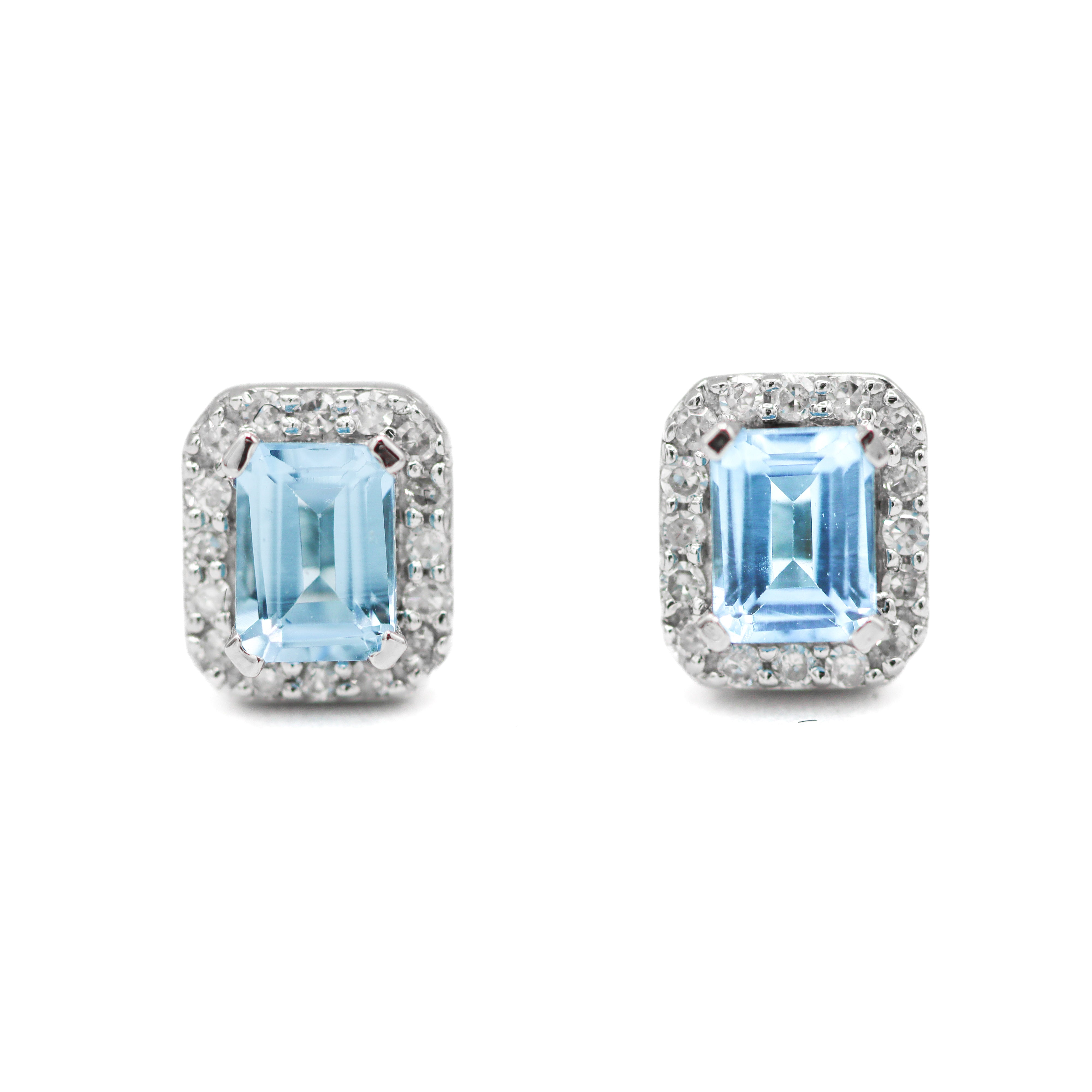 10K White Gold Emerald-Cut Swiss Blue Topaz & 1/10CT. Diamond Halo Stud Earrings