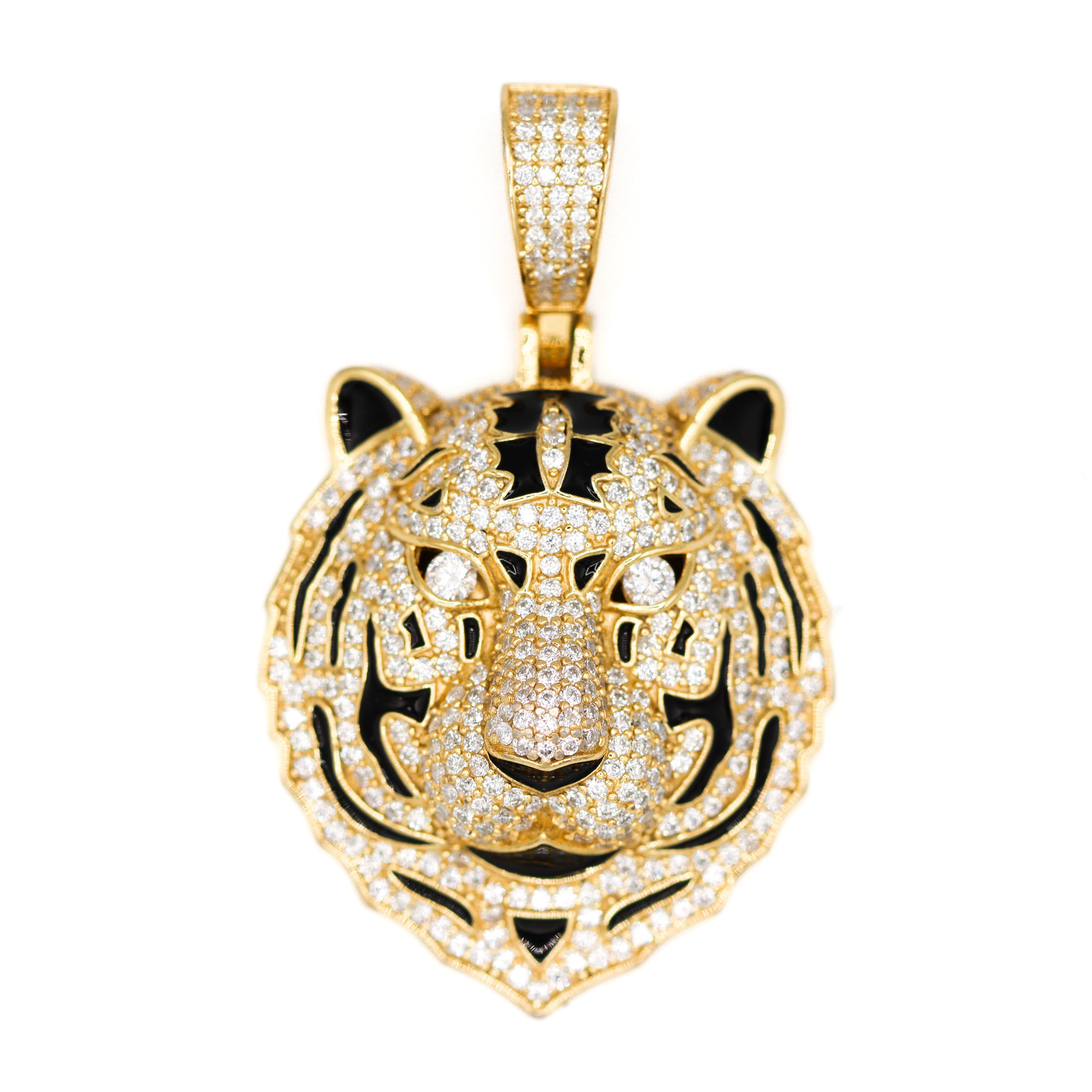 Close up of Gold Plated Tiger Pendant with Moissanite