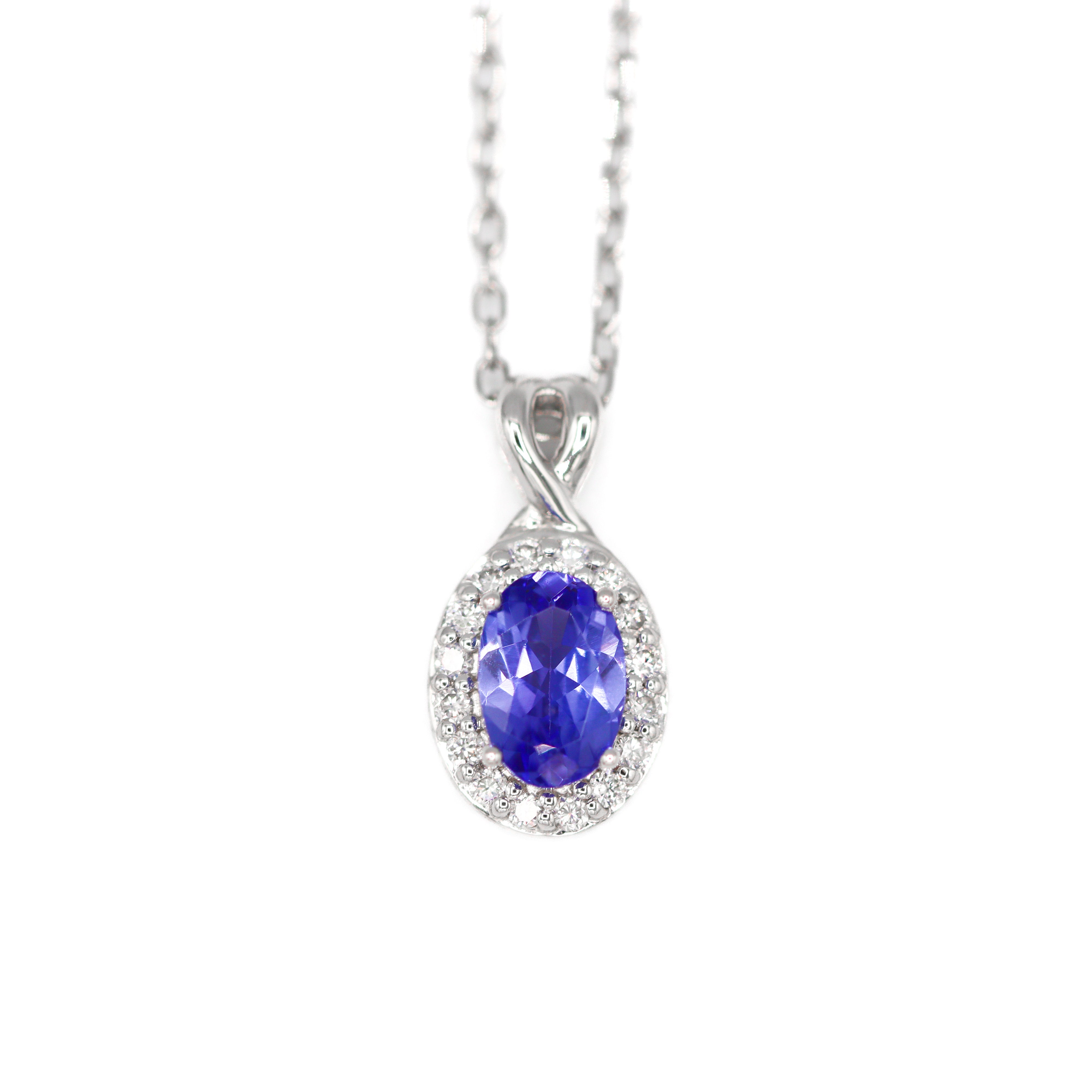 14K White Gold Tanzanite and 1/10CT. Diamond Halo Oval Pendant Necklace