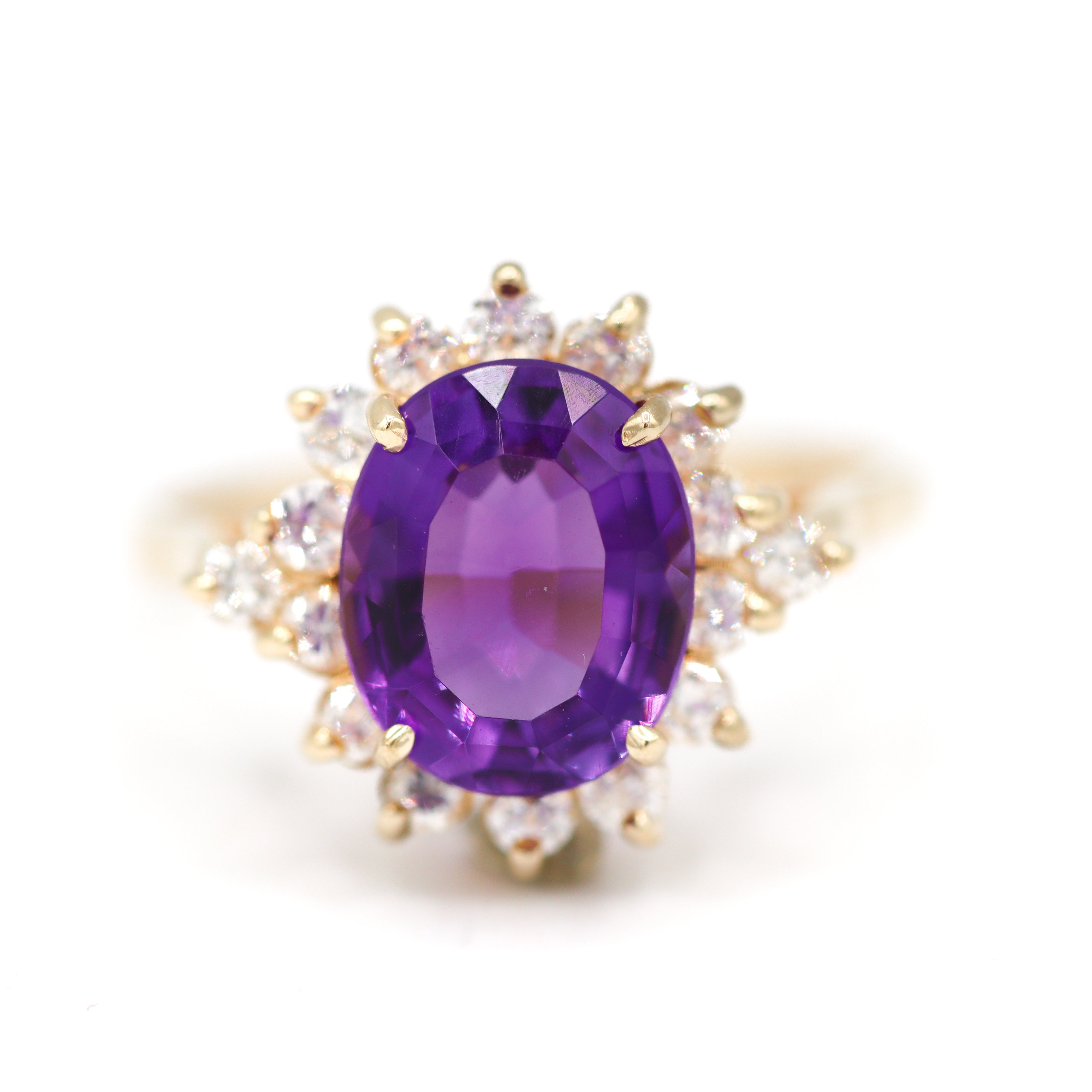 Front view showing amethyst and diamond ring