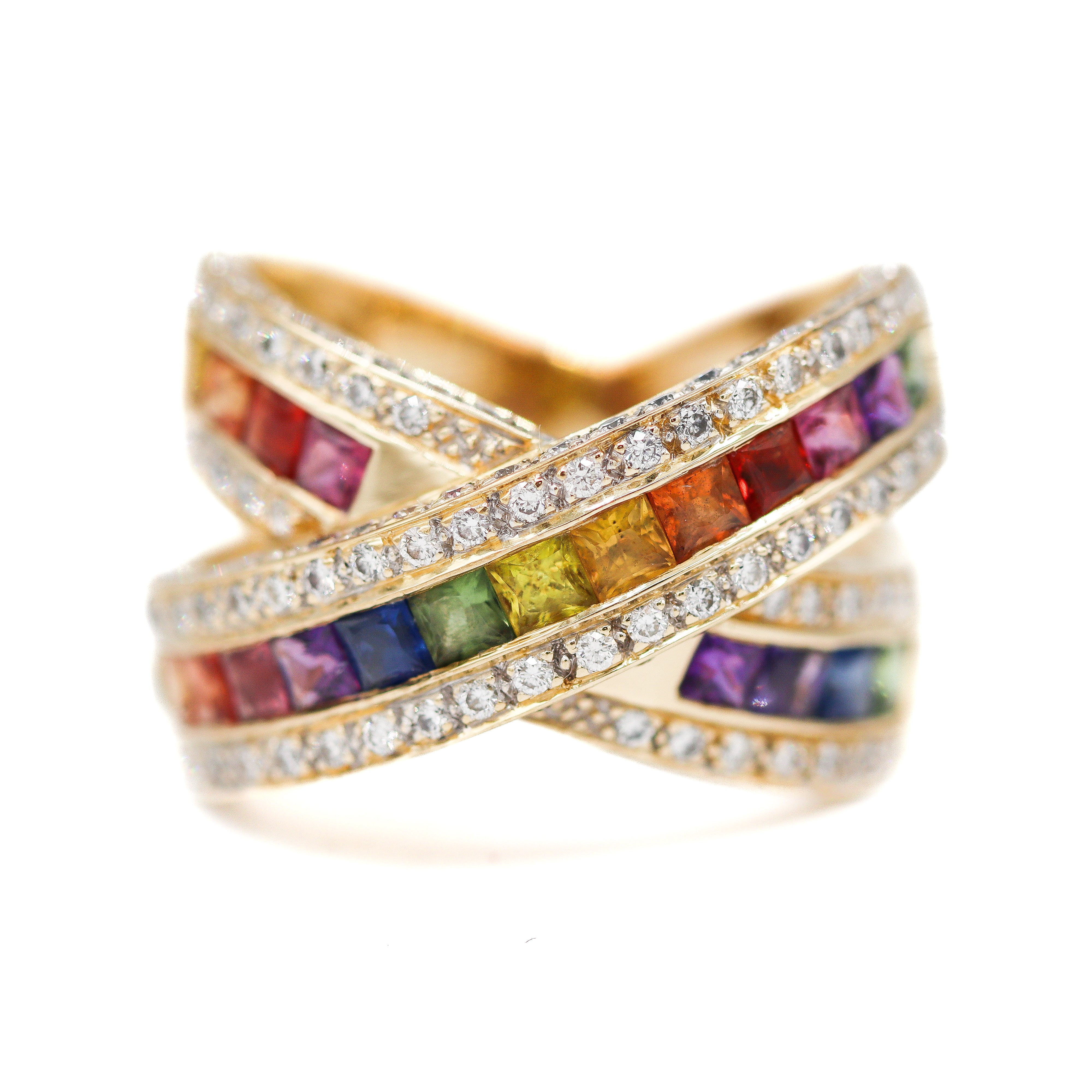 Estate Collection: 18K Yellow Gold Rainbow Gemstone & Diamond Bypass Ring