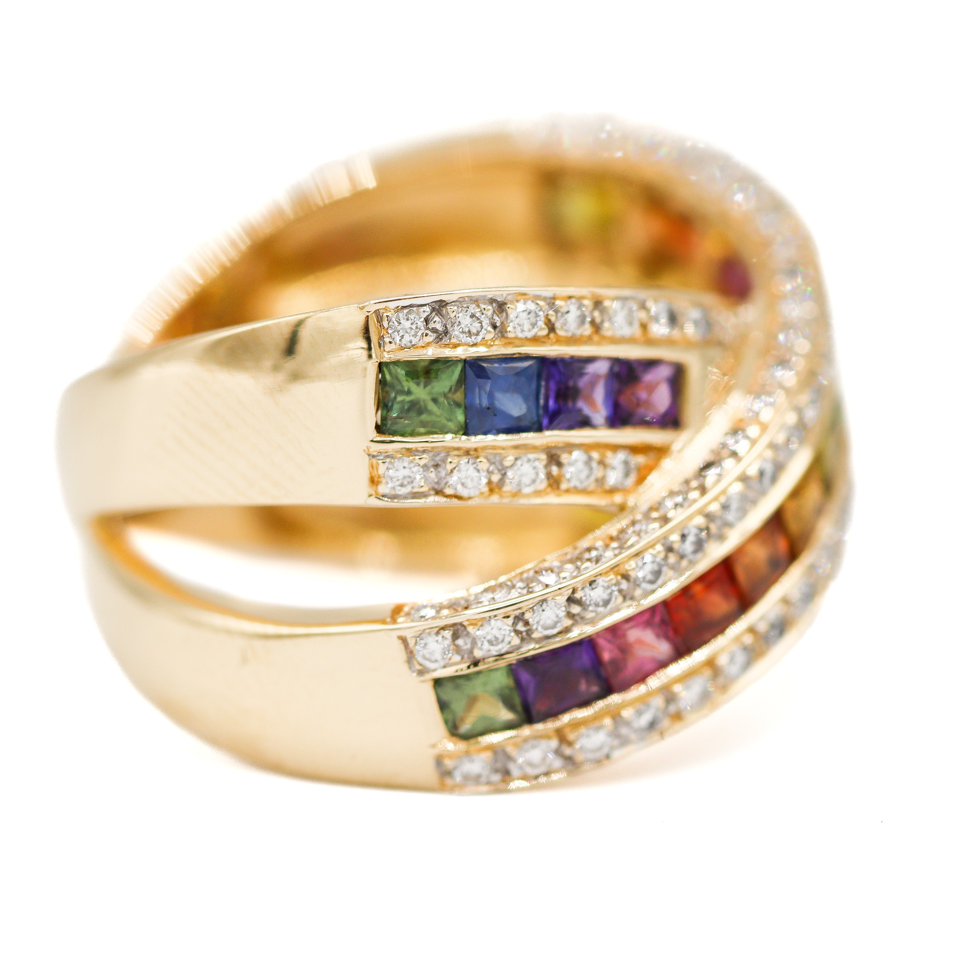 Estate Collection: 18K Yellow Gold Rainbow Gemstone & Diamond Bypass Ring