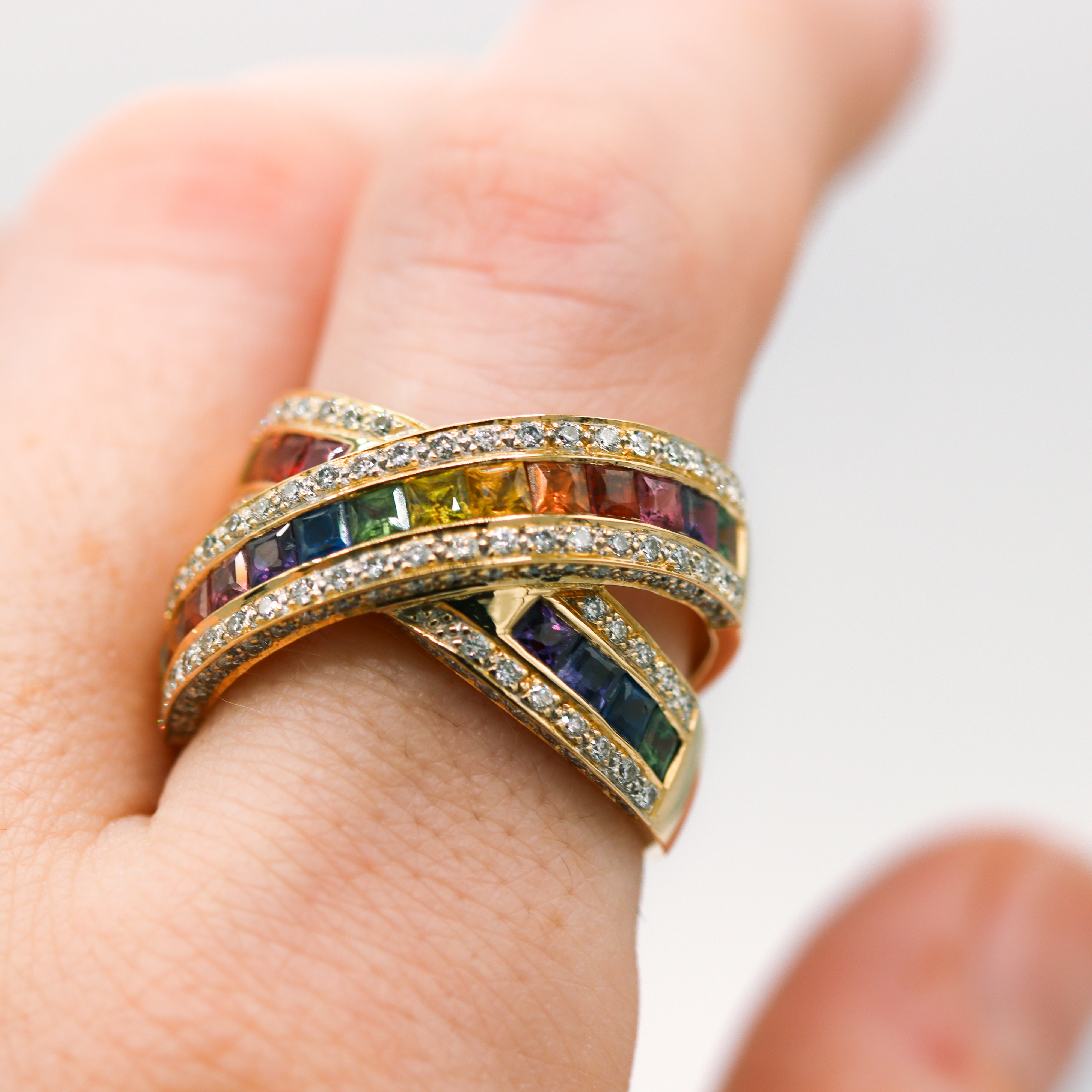 Estate Collection: 18K Yellow Gold Rainbow Gemstone & Diamond Bypass Ring