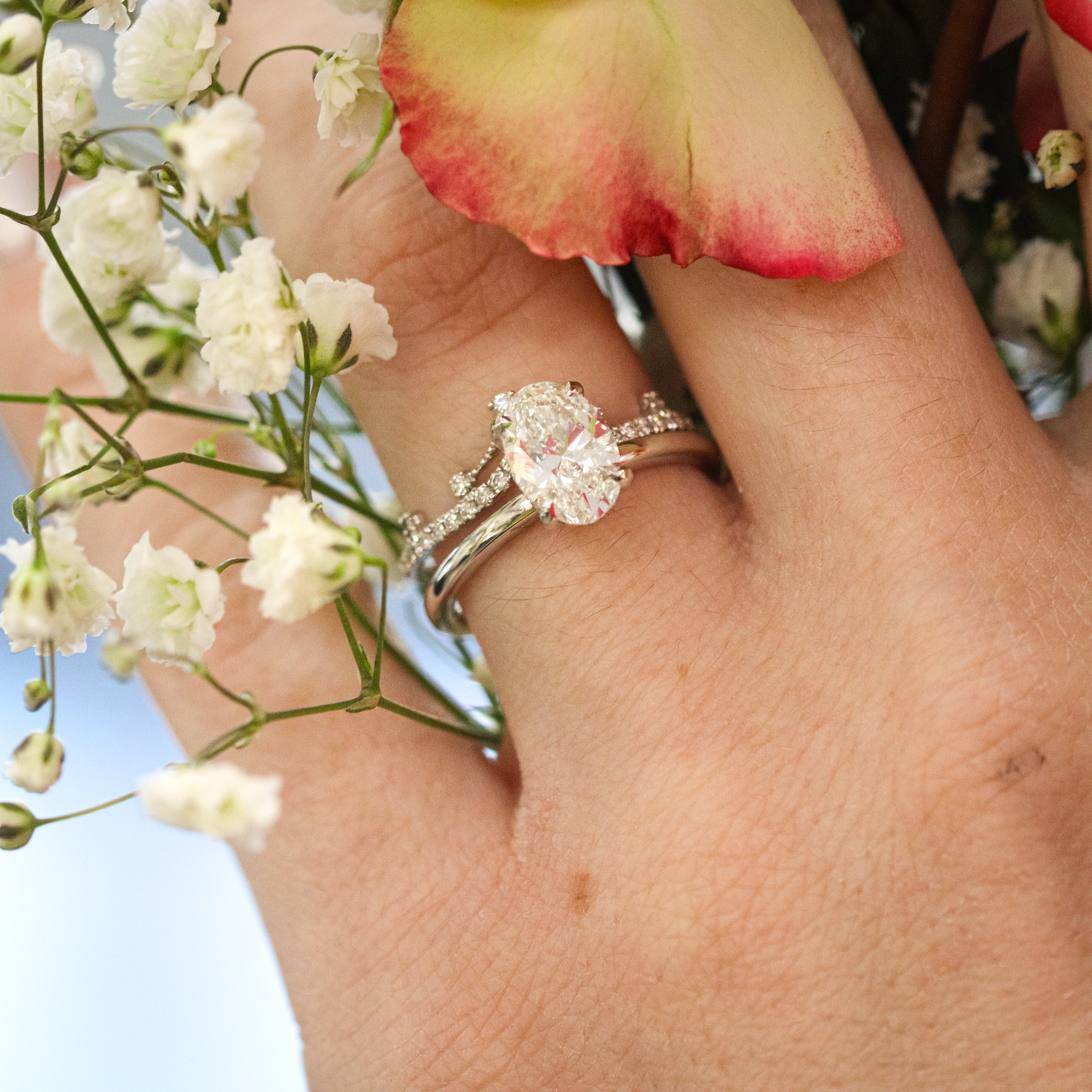 Picture of Oval Ring on hand with flowers