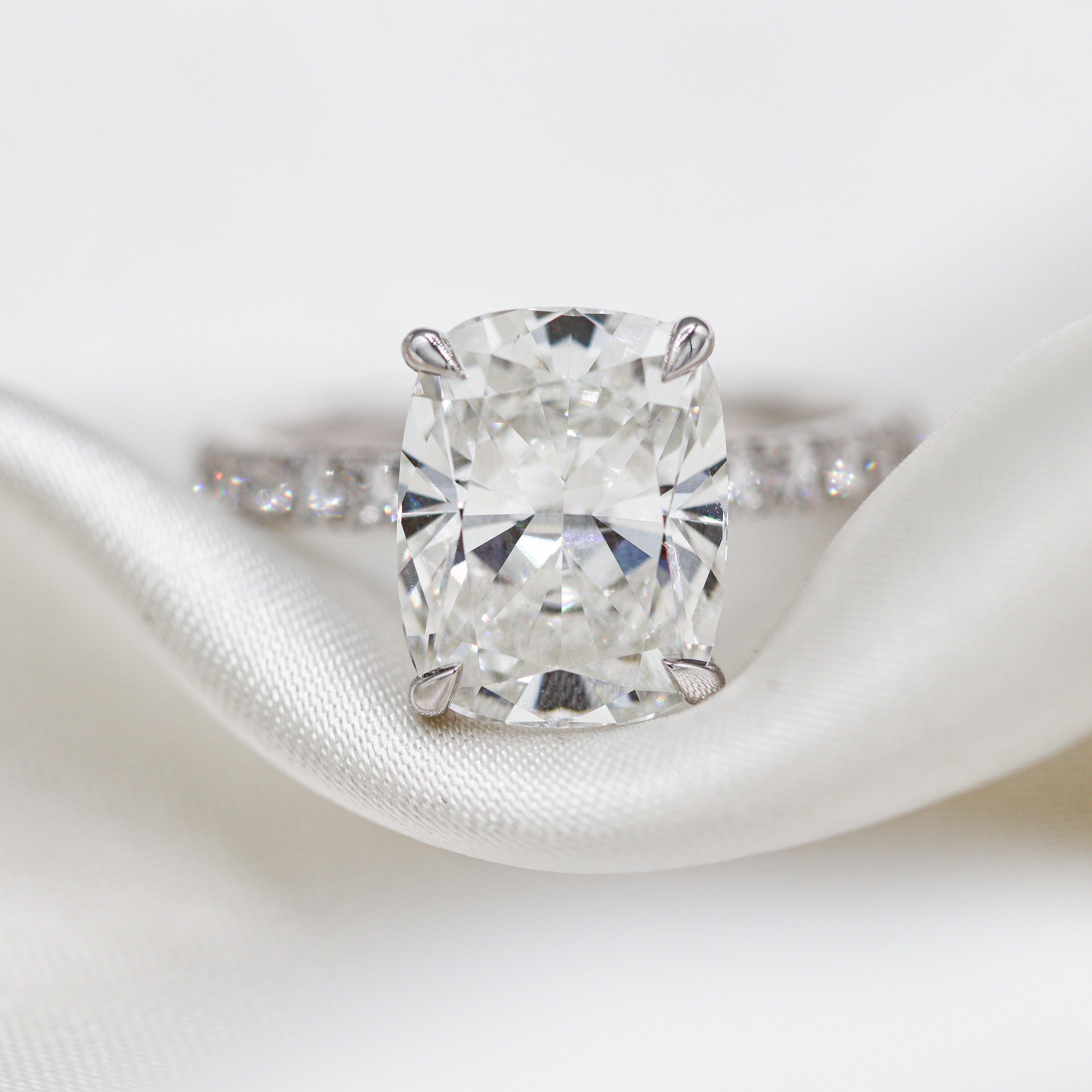 White Gold 5-7/8 CTW Cushion-Cut Lab Grown Diamond Accent Diamond Engagement Ring on Satin