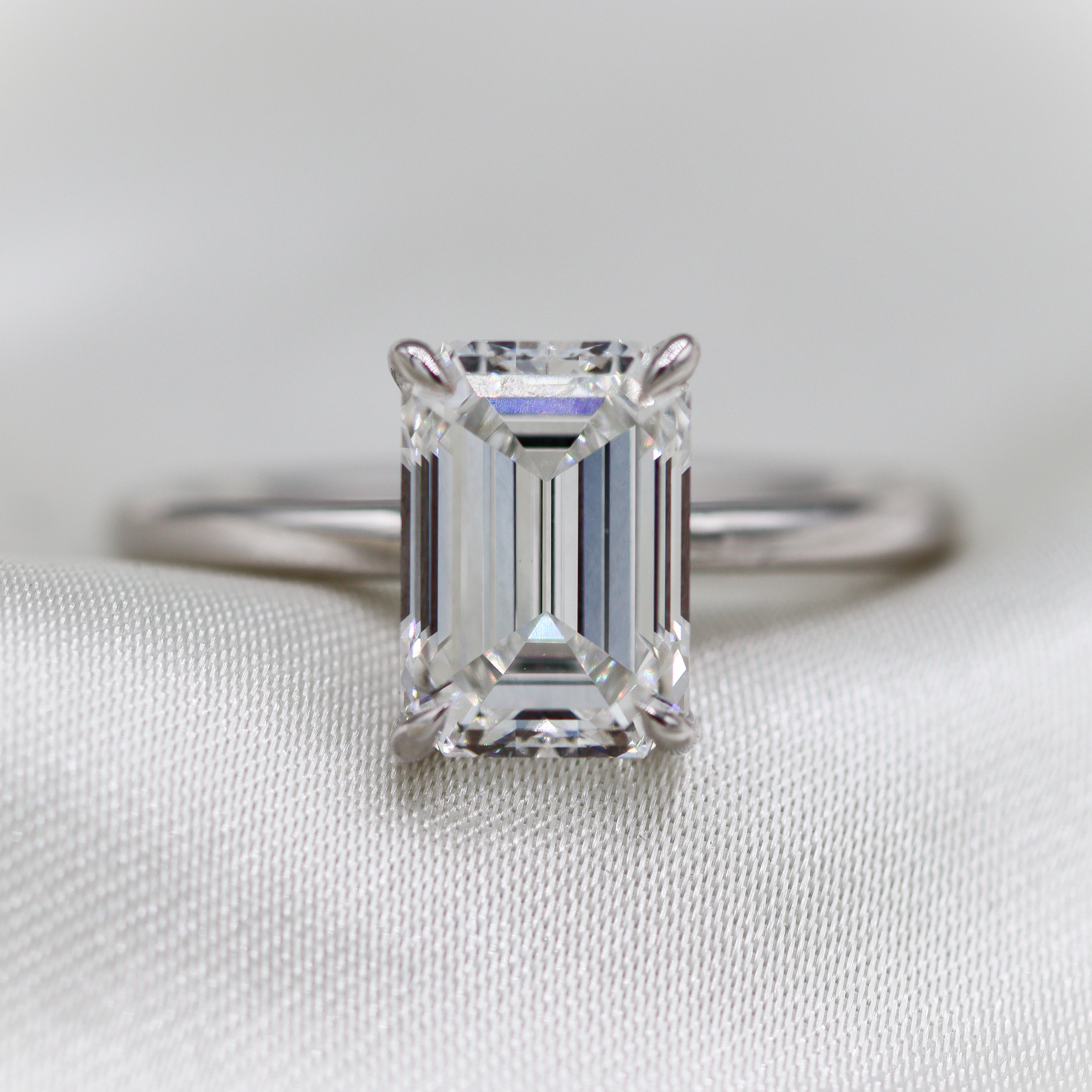 White Gold 3-1/5CT. Certified Emerald-Cut Lab Grown Diamond Accent Diamond Engagement Ring on Satin