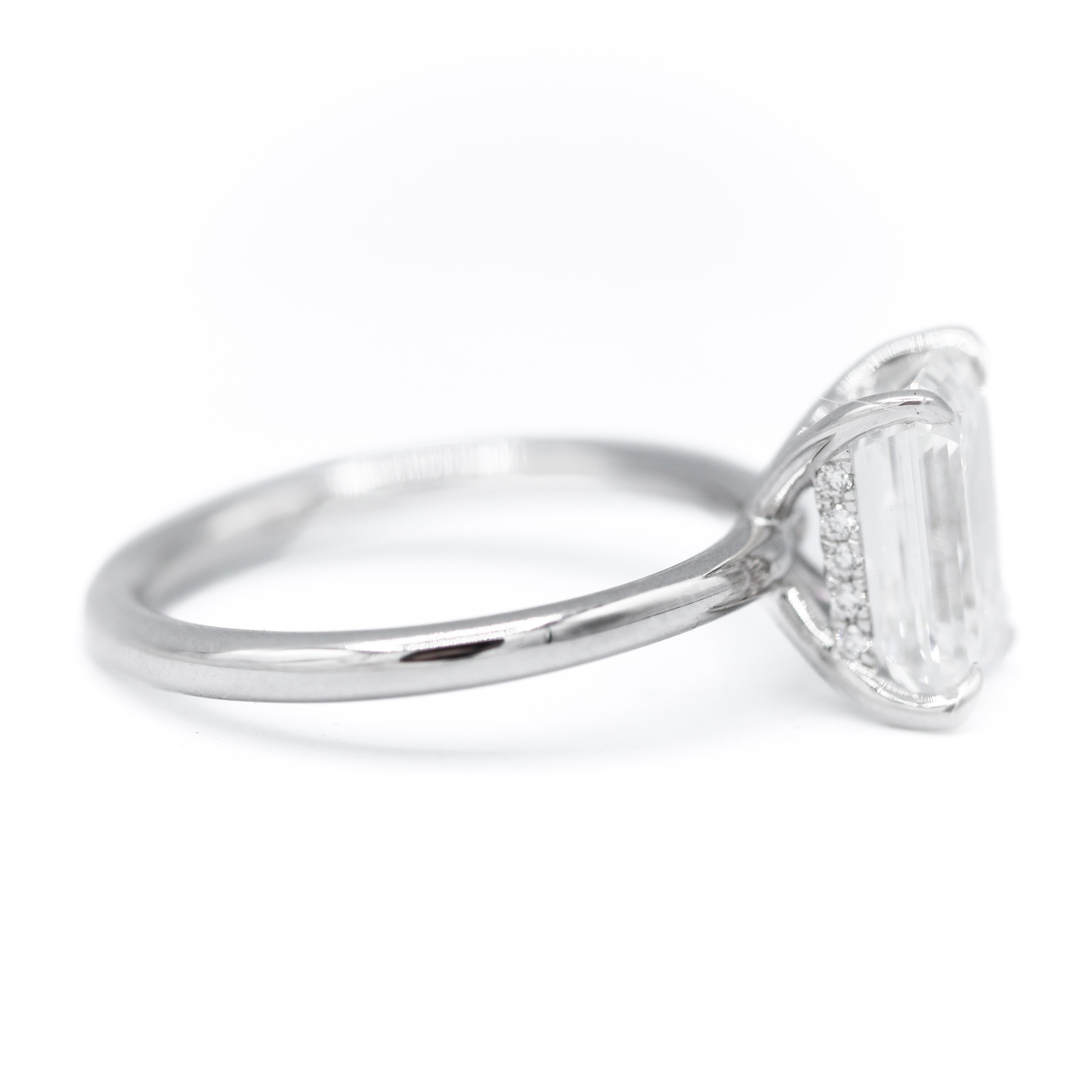 Left Side View of White Gold 3-1/5CT. Certified Emerald-Cut Lab Grown Diamond Accent Diamond Engagement Ring