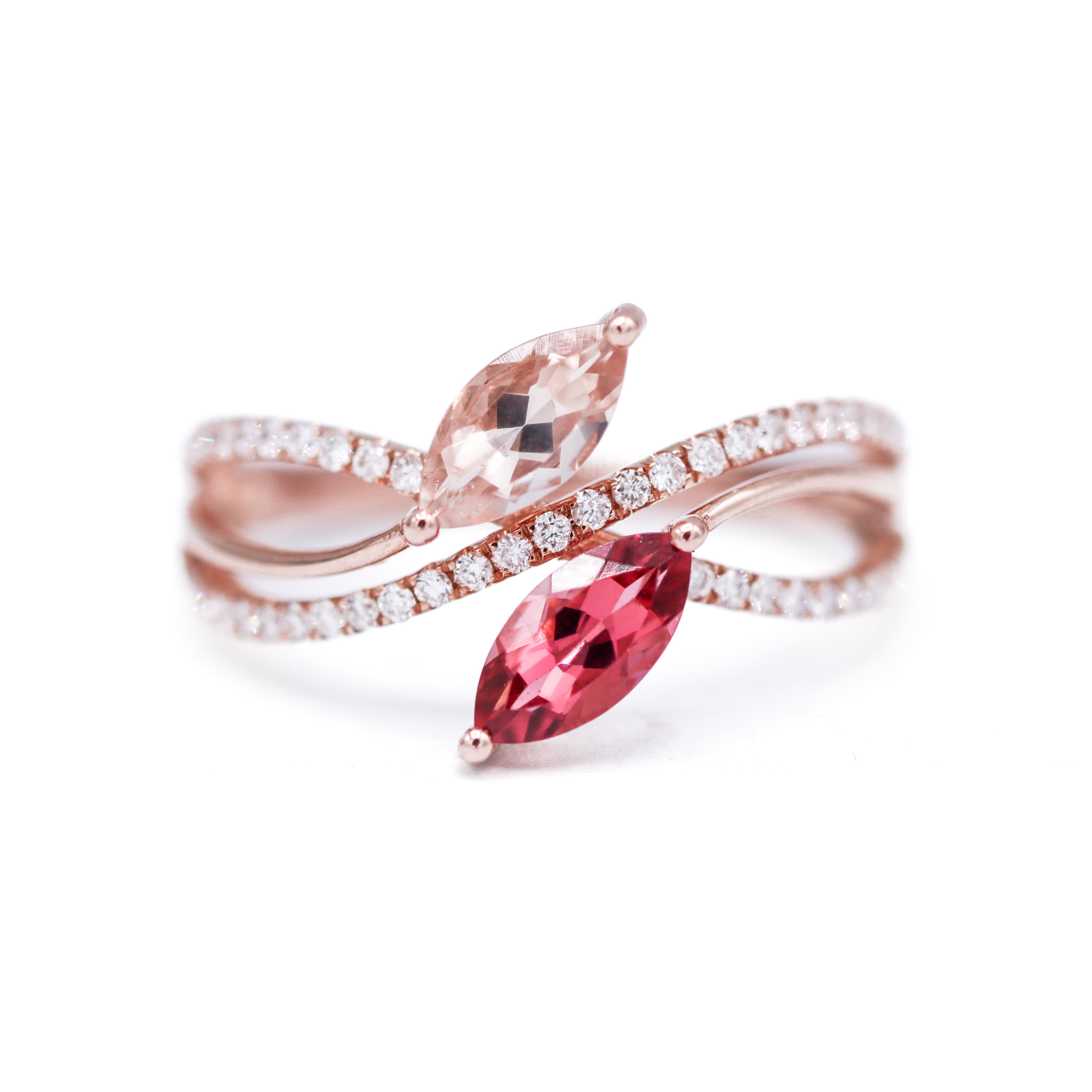 Front View of Pink Tourmaline, Morganite, and Diamond Fashion Ring