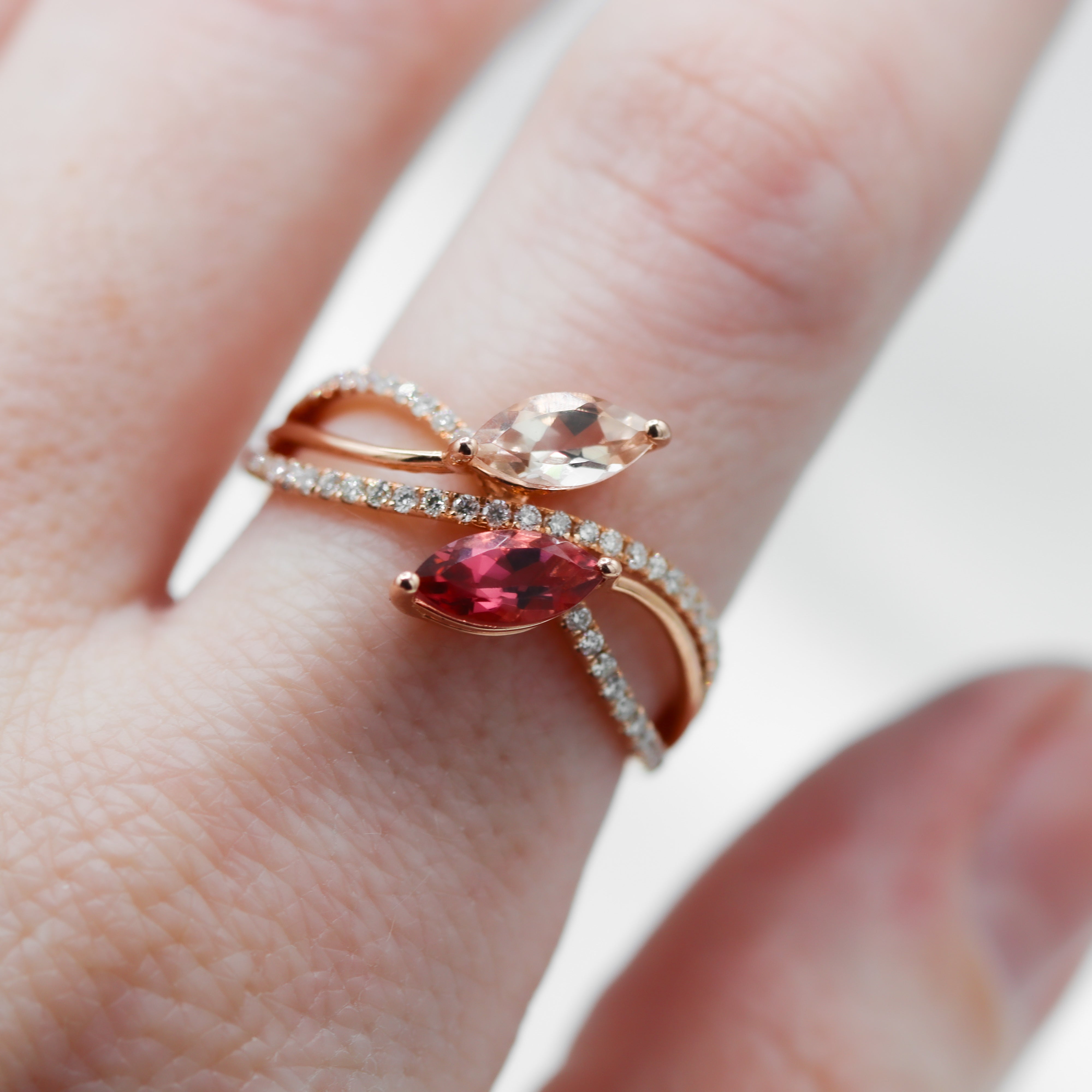 Pink Tourmaline, Morganite, and Diamond Fashion Ring on a hand