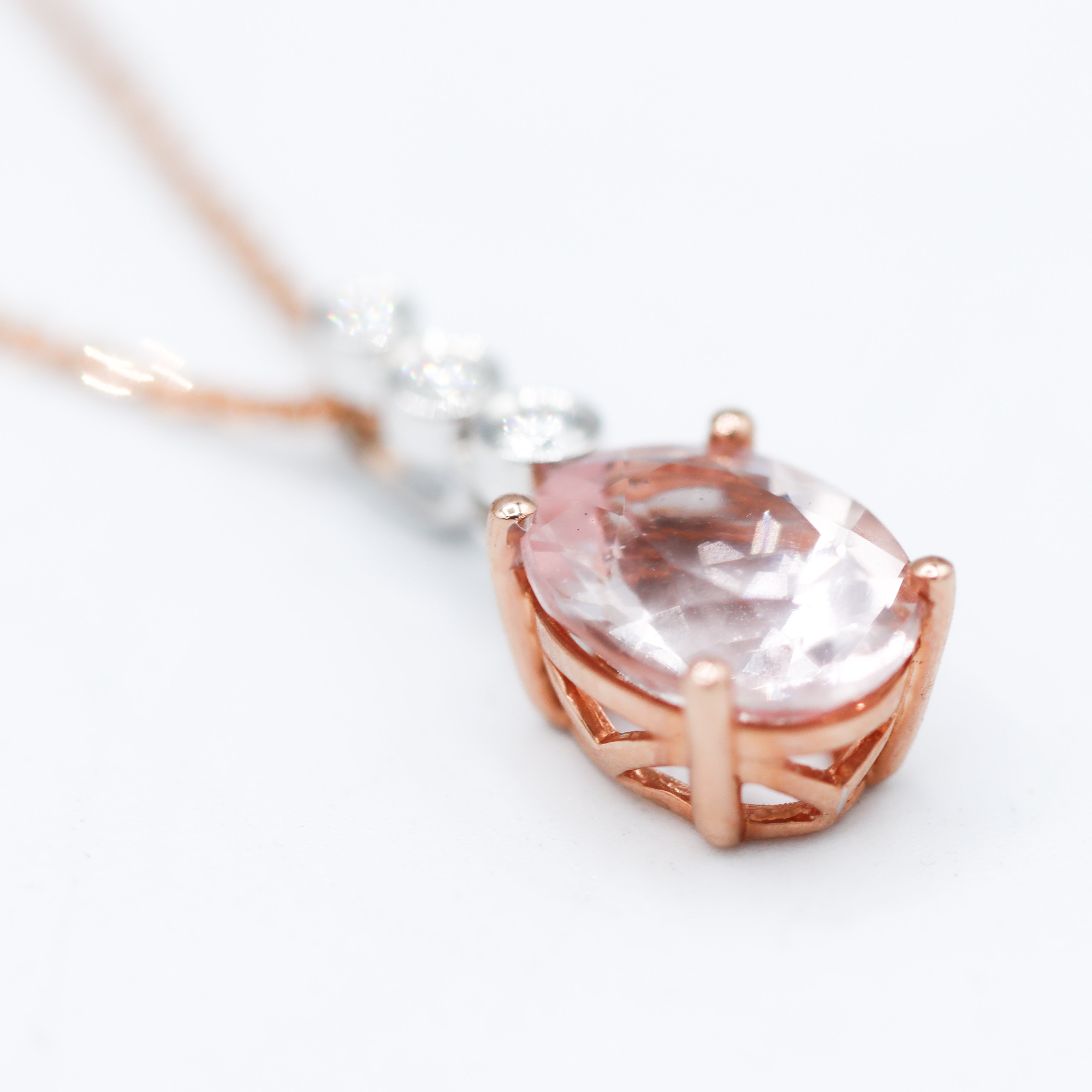 Angled View of Rose Gold Morganite & Diamond Necklace