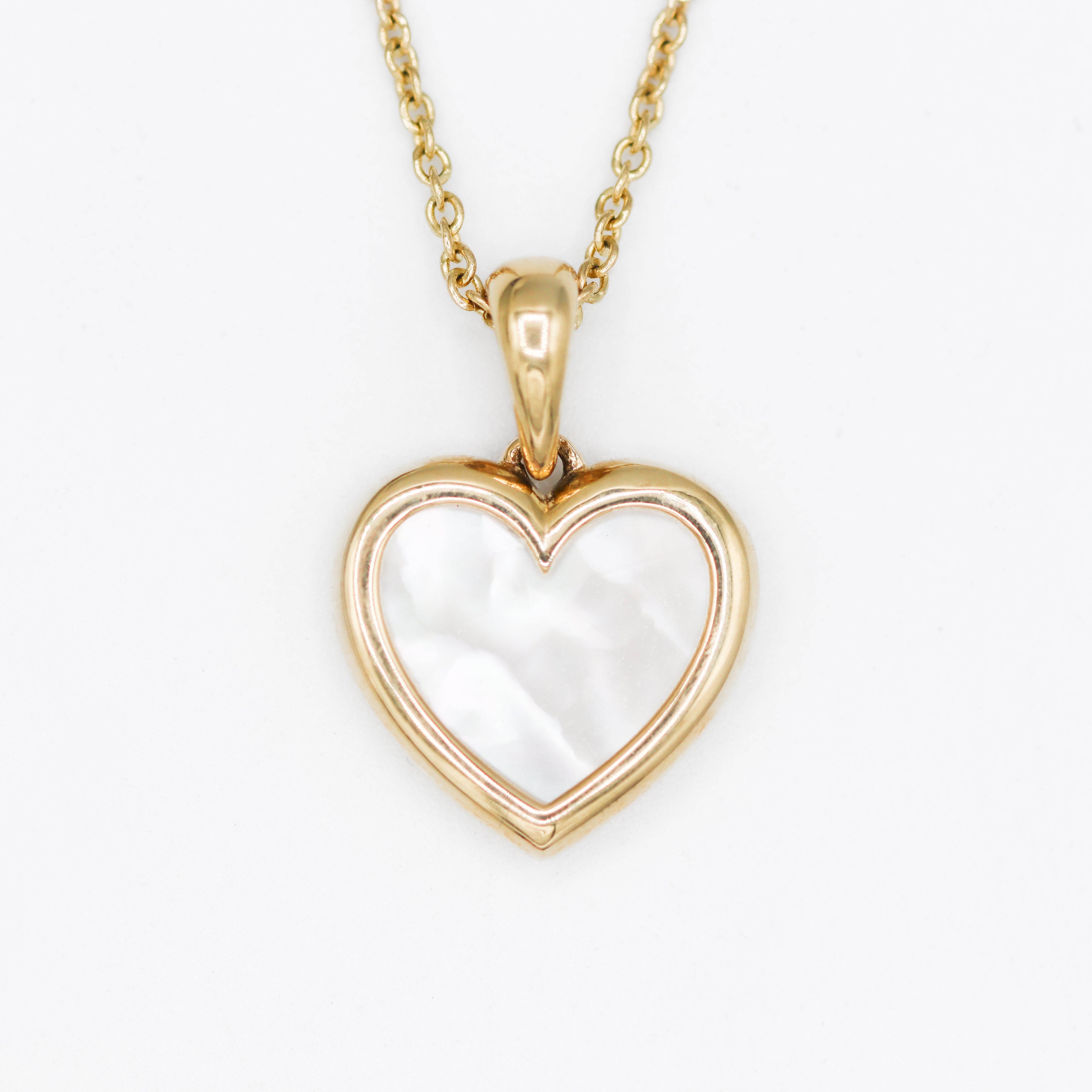 Front View of Yellow Gold Mother Of Pearl Heart Pendant Necklace