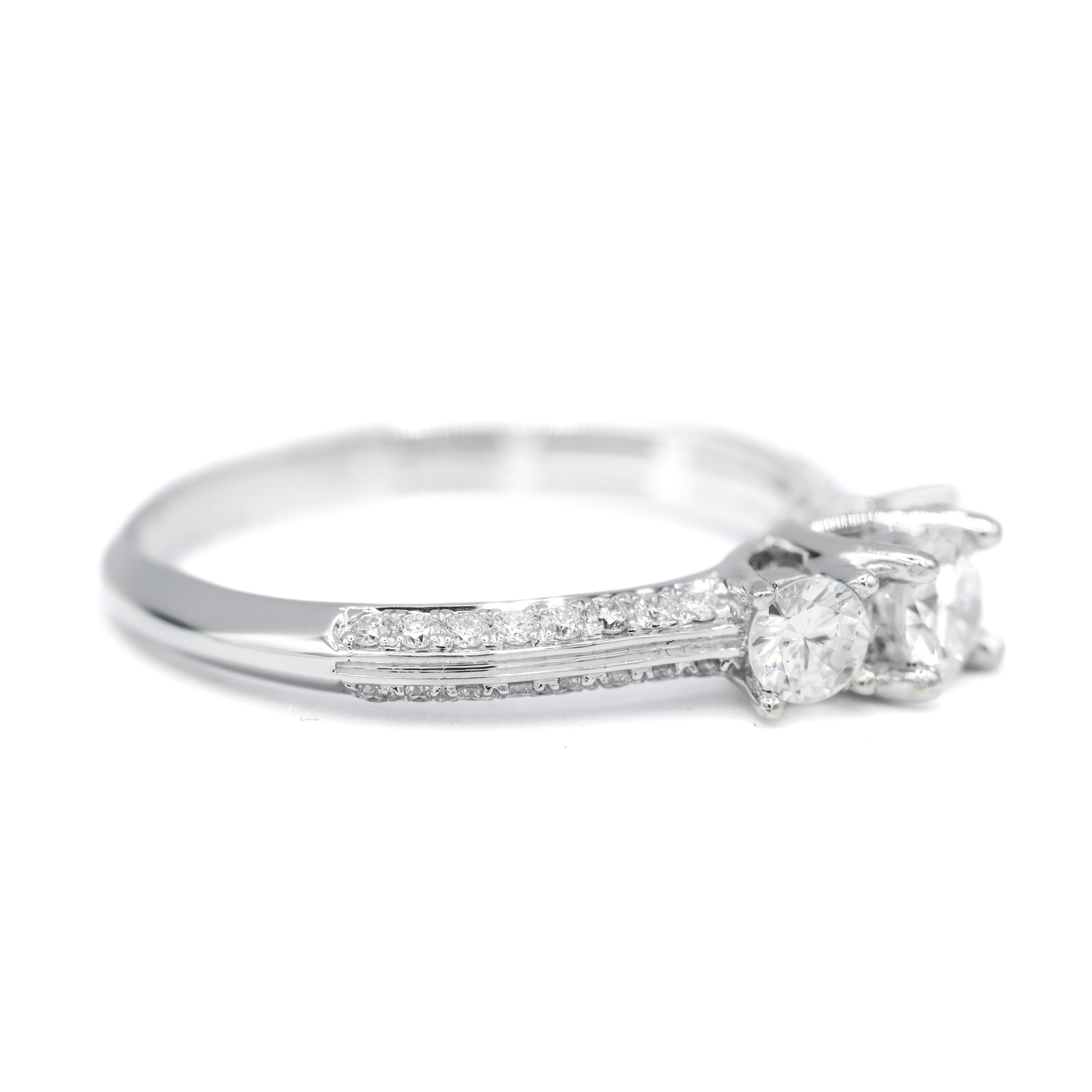 Left Side View of 14K White Gold 3/4CTW. Three-Stone Diamond Engagement Ring