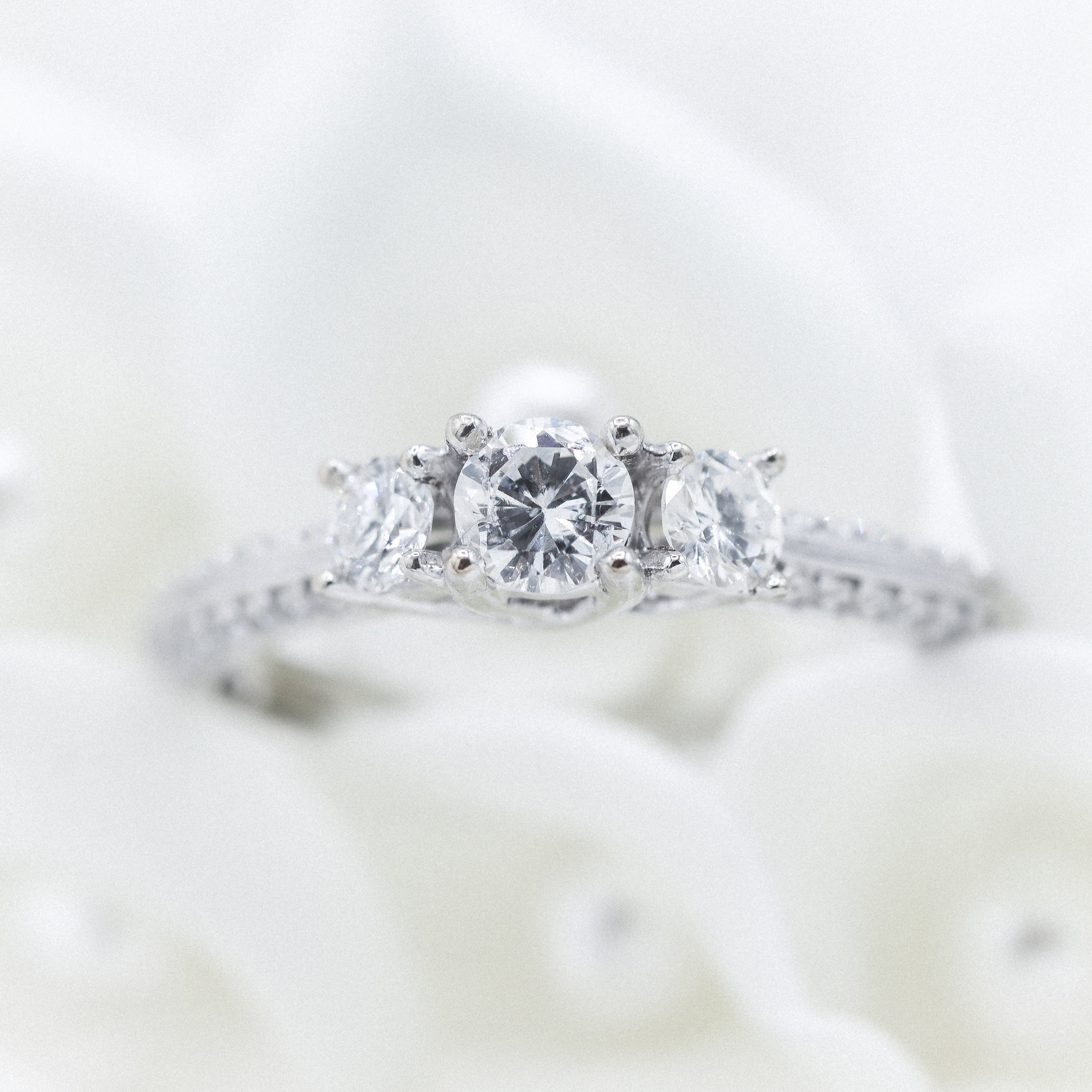 14K White Gold 3/4CTW. Three-Stone Diamond Engagement Ring Sitting in a bunch of white flowers