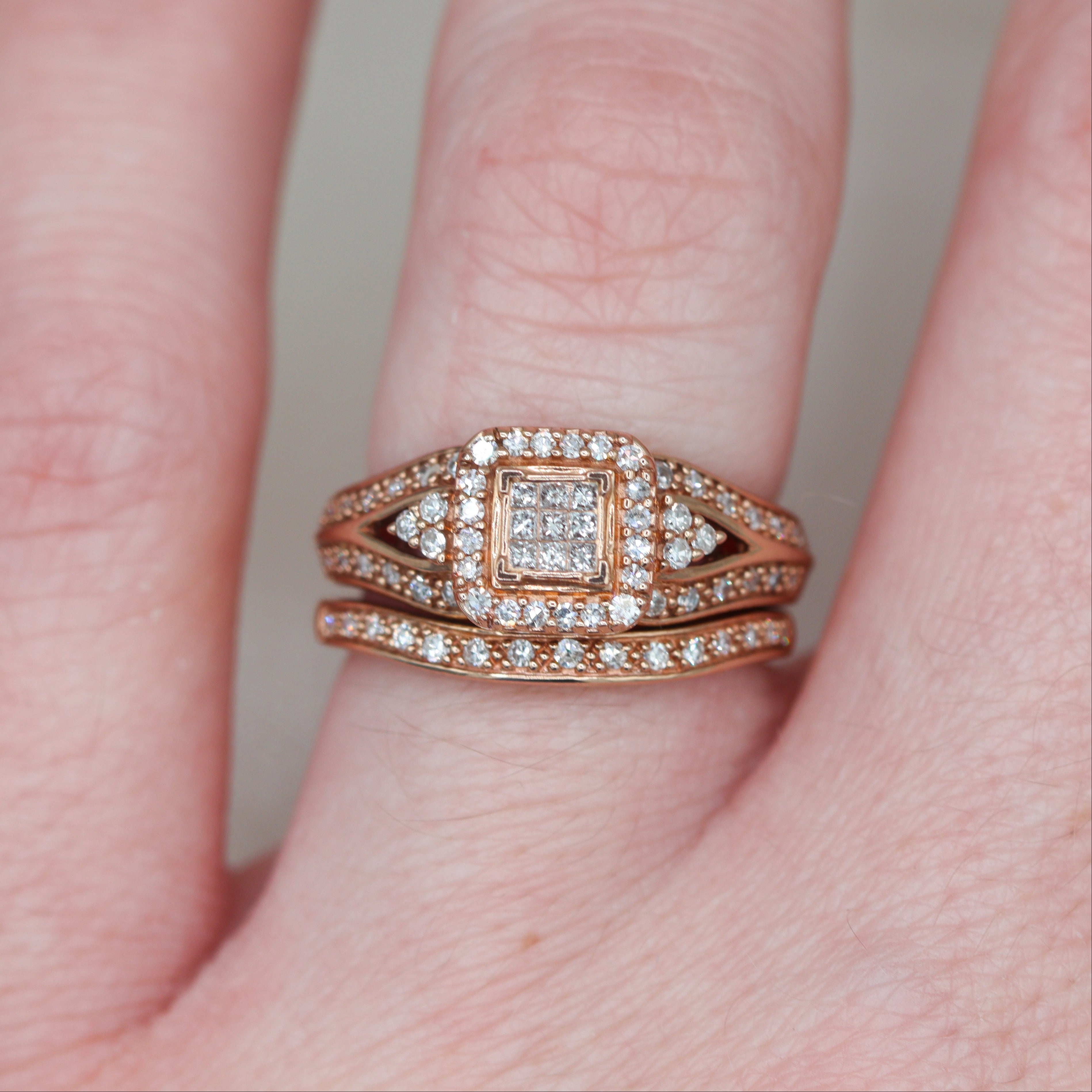 10K Rose Gold 3/8CTW. Diamond Bridal Set on a hand