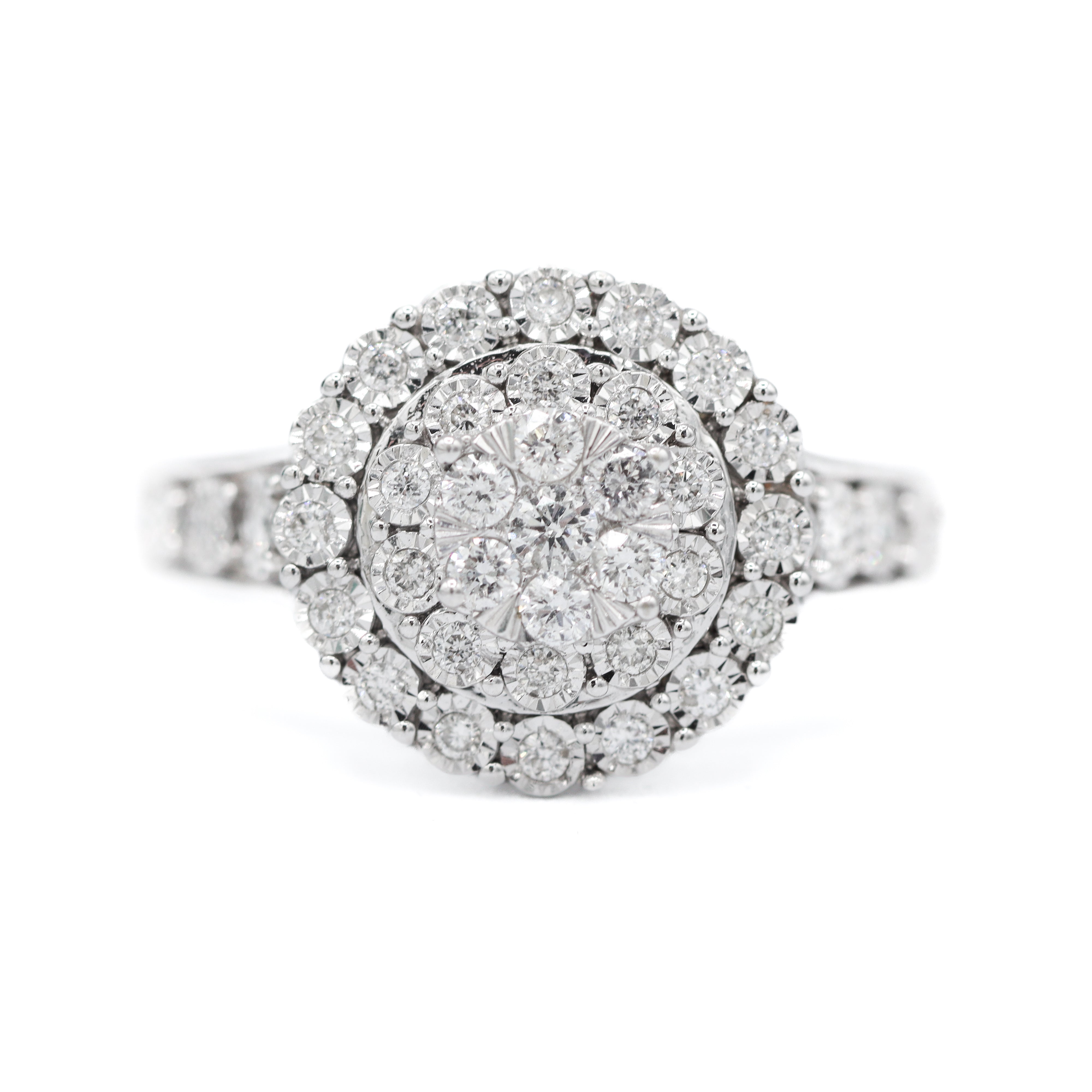 Front View of 14K White Gold 1/2CT. Diamond Triple-Halo Cluster Engagement Ring