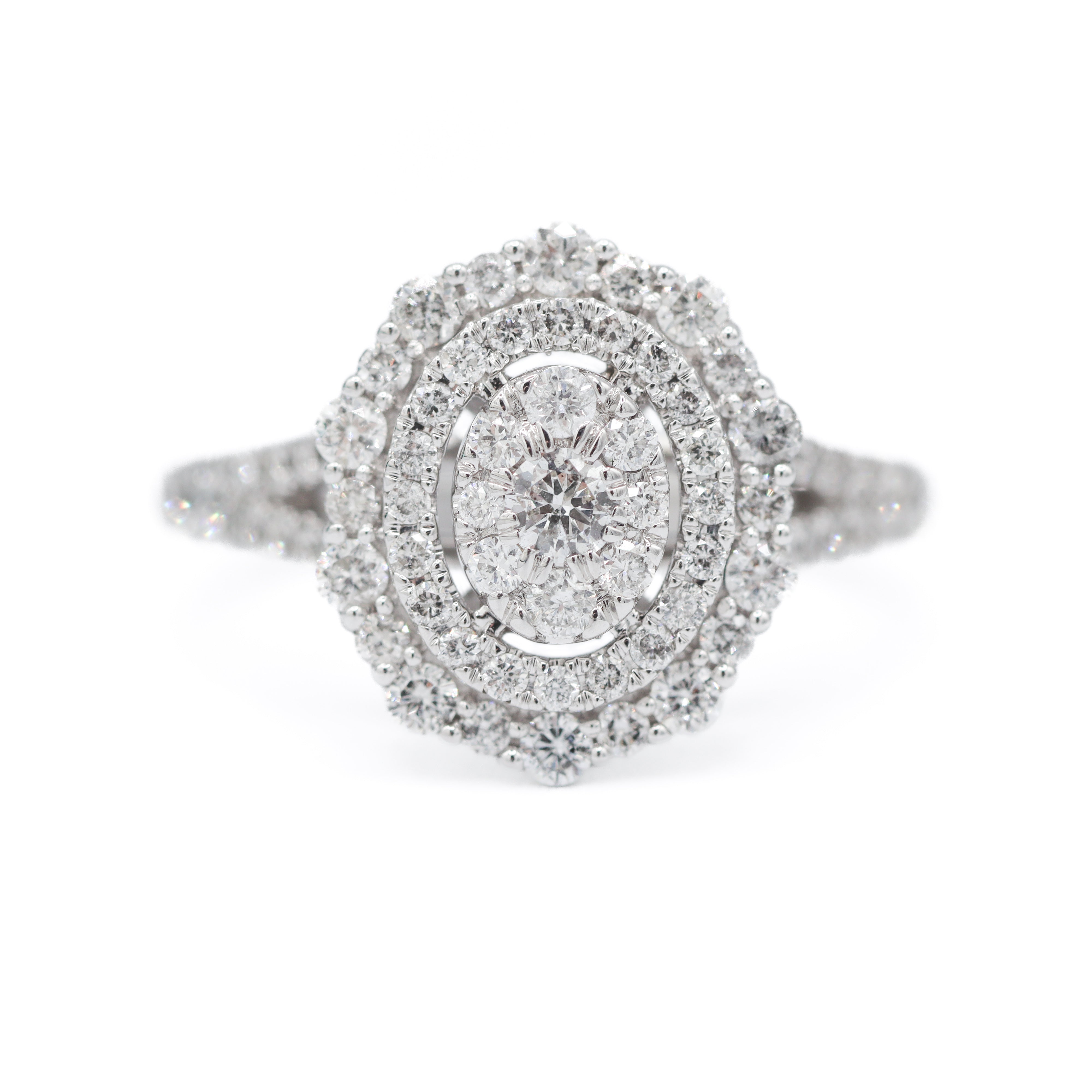 Front View of 14K White Gold Vera Wang 1CTW. Diamond Tiered Double-Halo Oval Engagement Ring