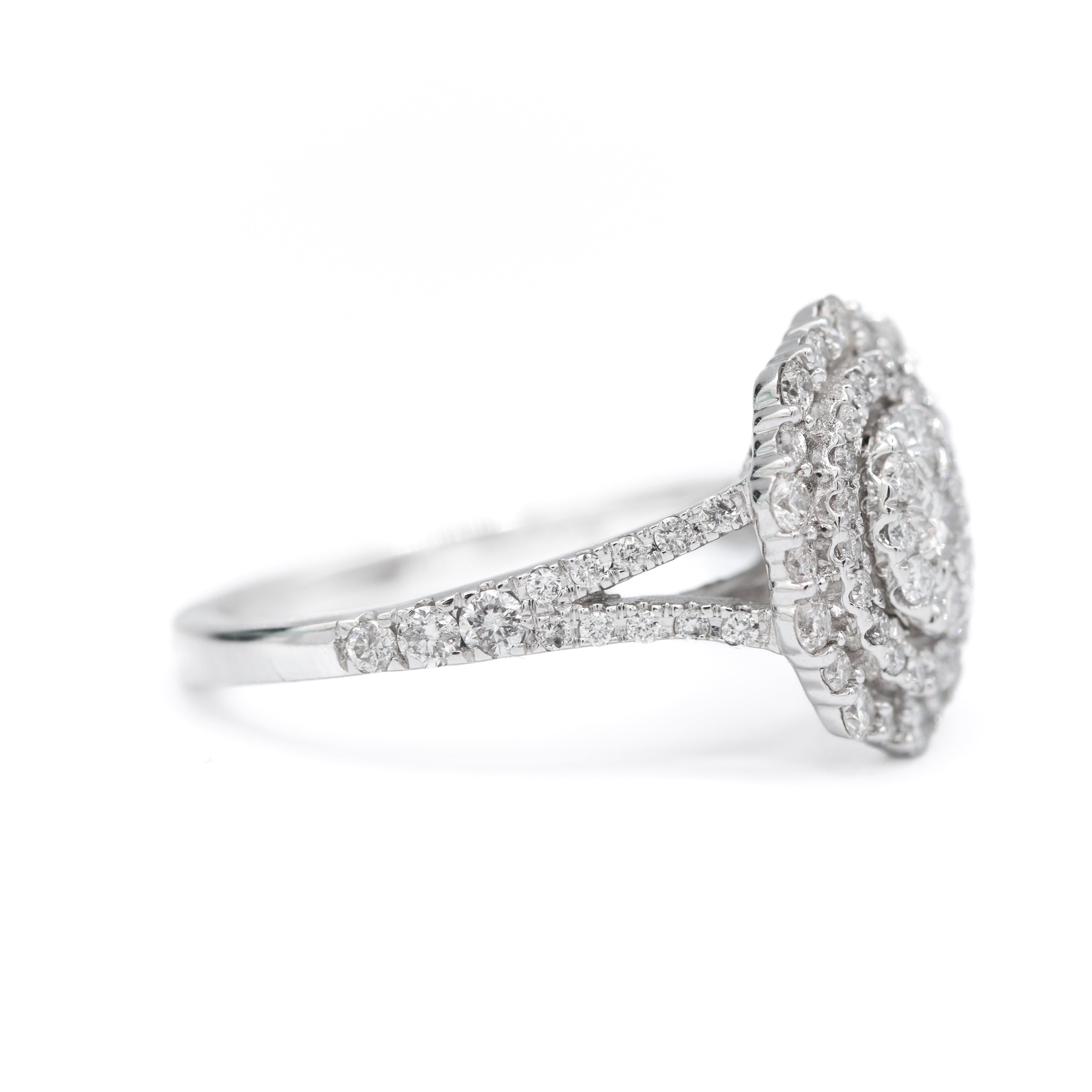 Left Side View of 14K White Gold Vera Wang 1CTW. Diamond Tiered Double-Halo Oval Engagement Ring