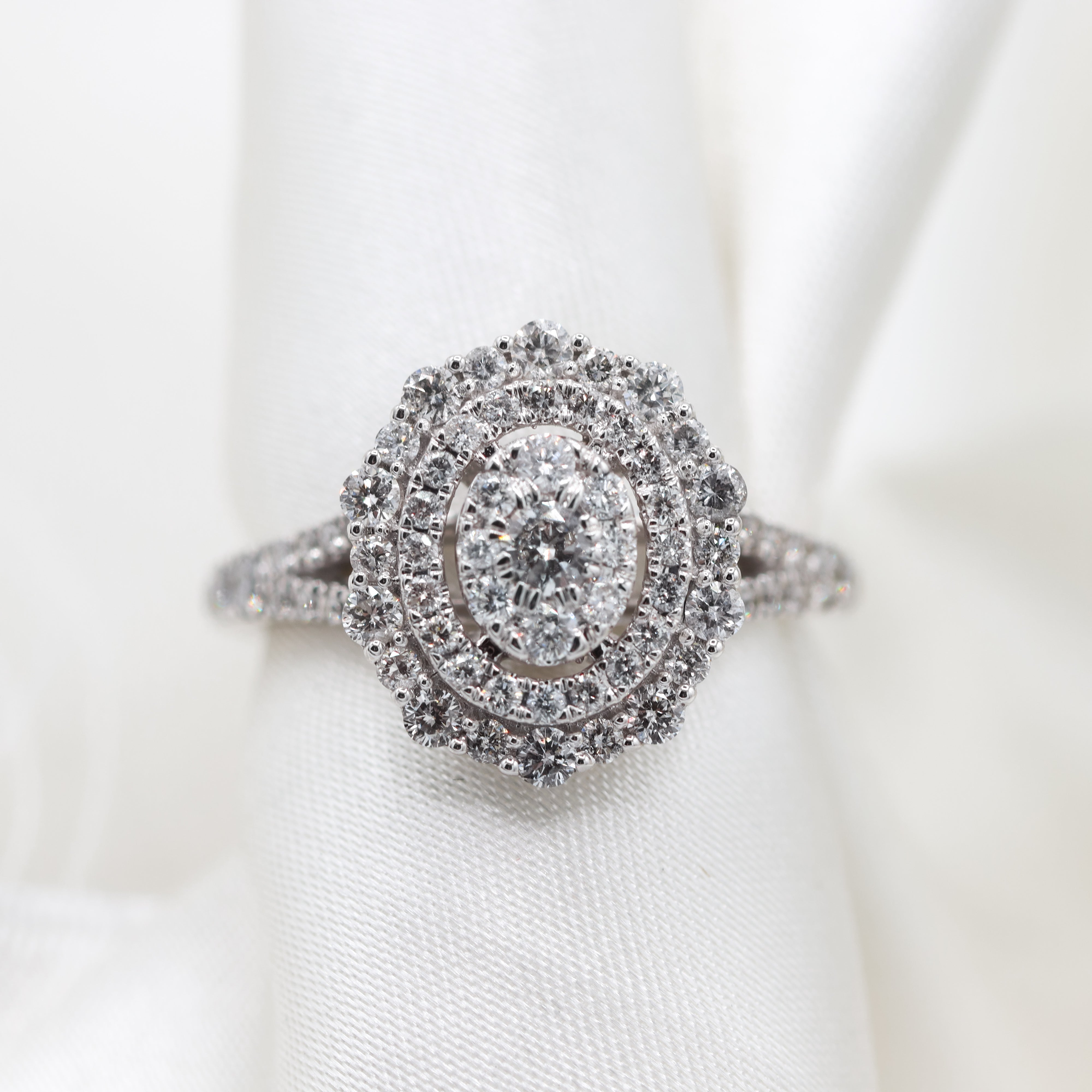 14K White Gold Vera Wang 1CTW. Diamond Tiered Double-Halo Oval Engagement Ring on satin