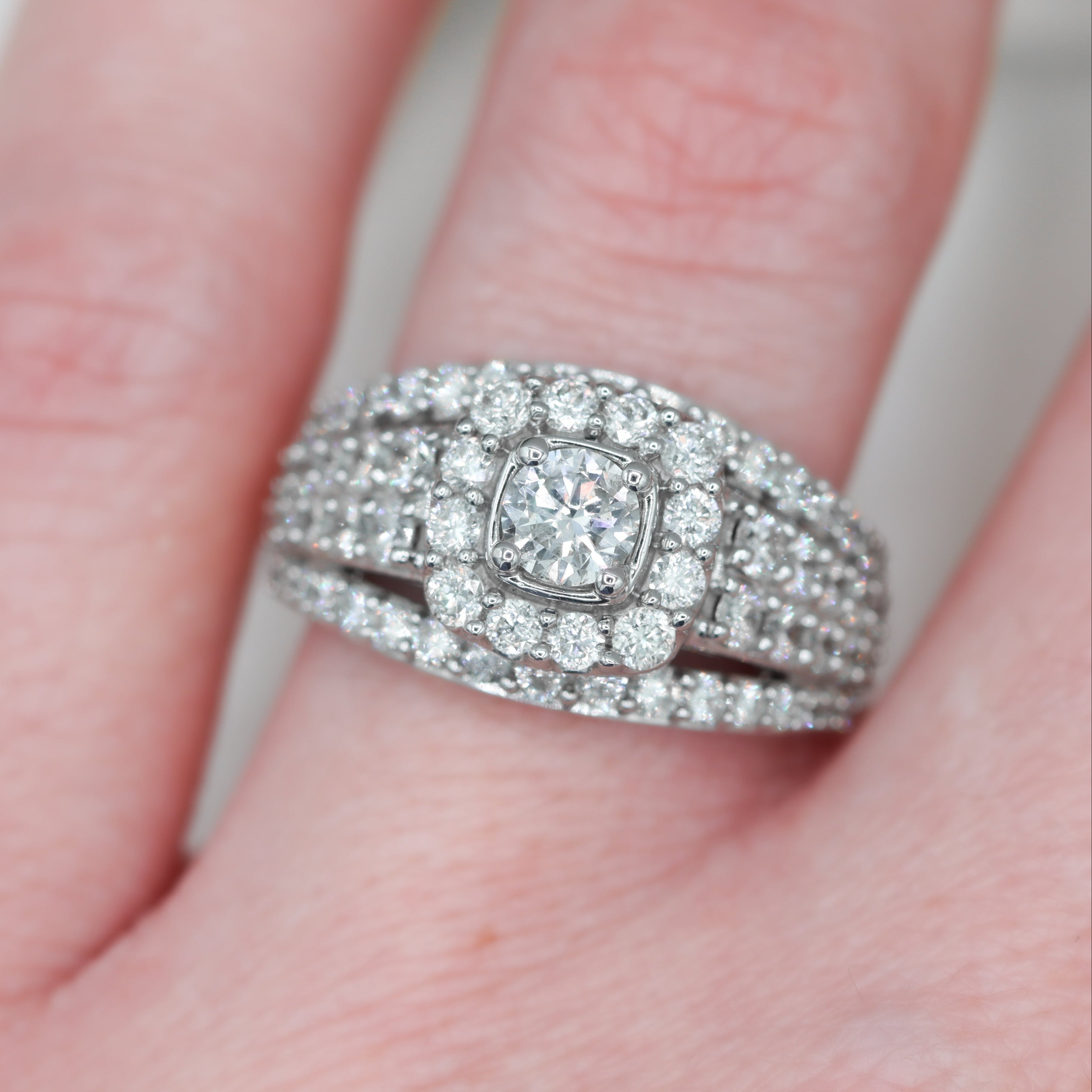 14K White Gold 2CTW. Triple Band Diamond Engagement Ring on a hand