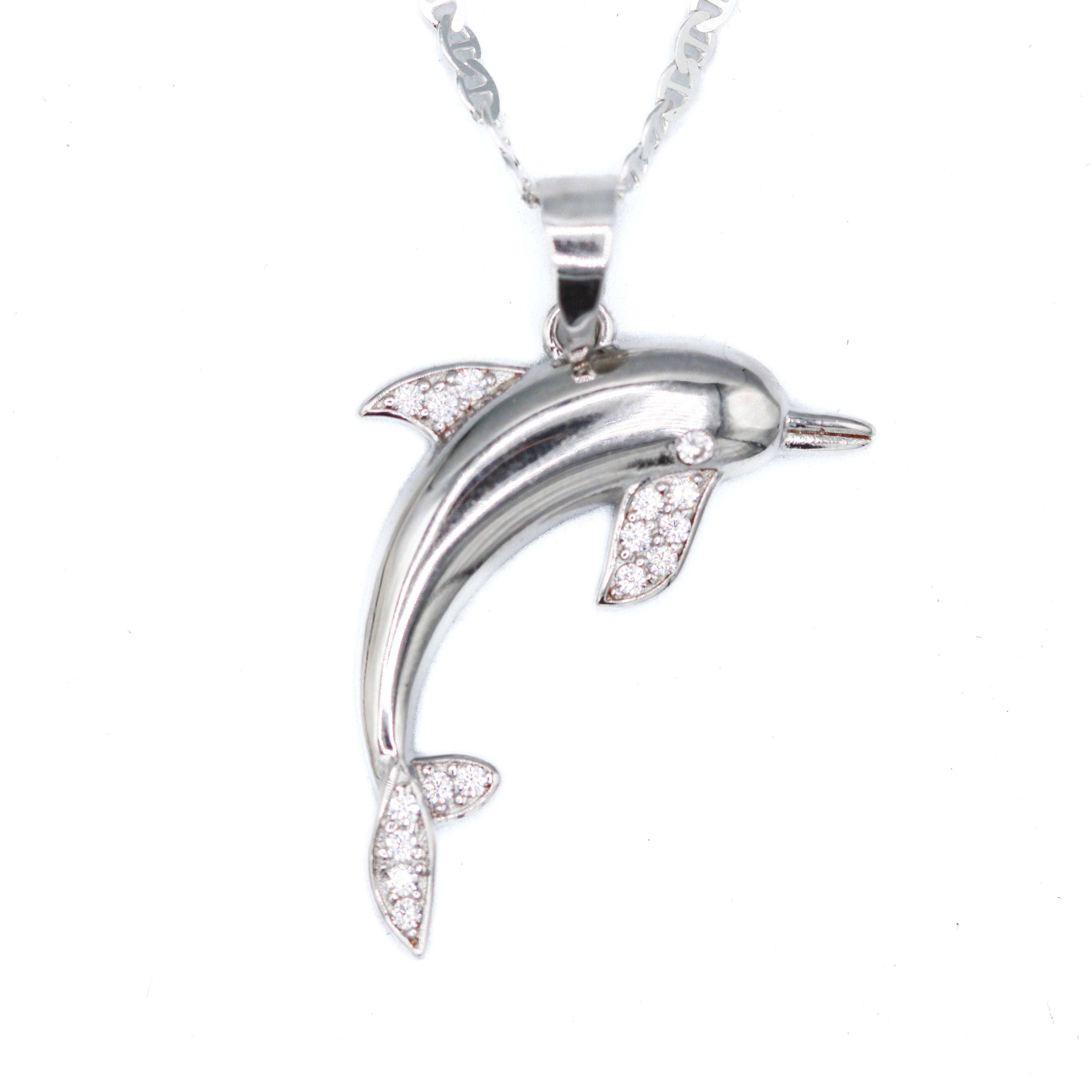 Sterling Silver Created White Sapphire Dolphin Pendant Necklace