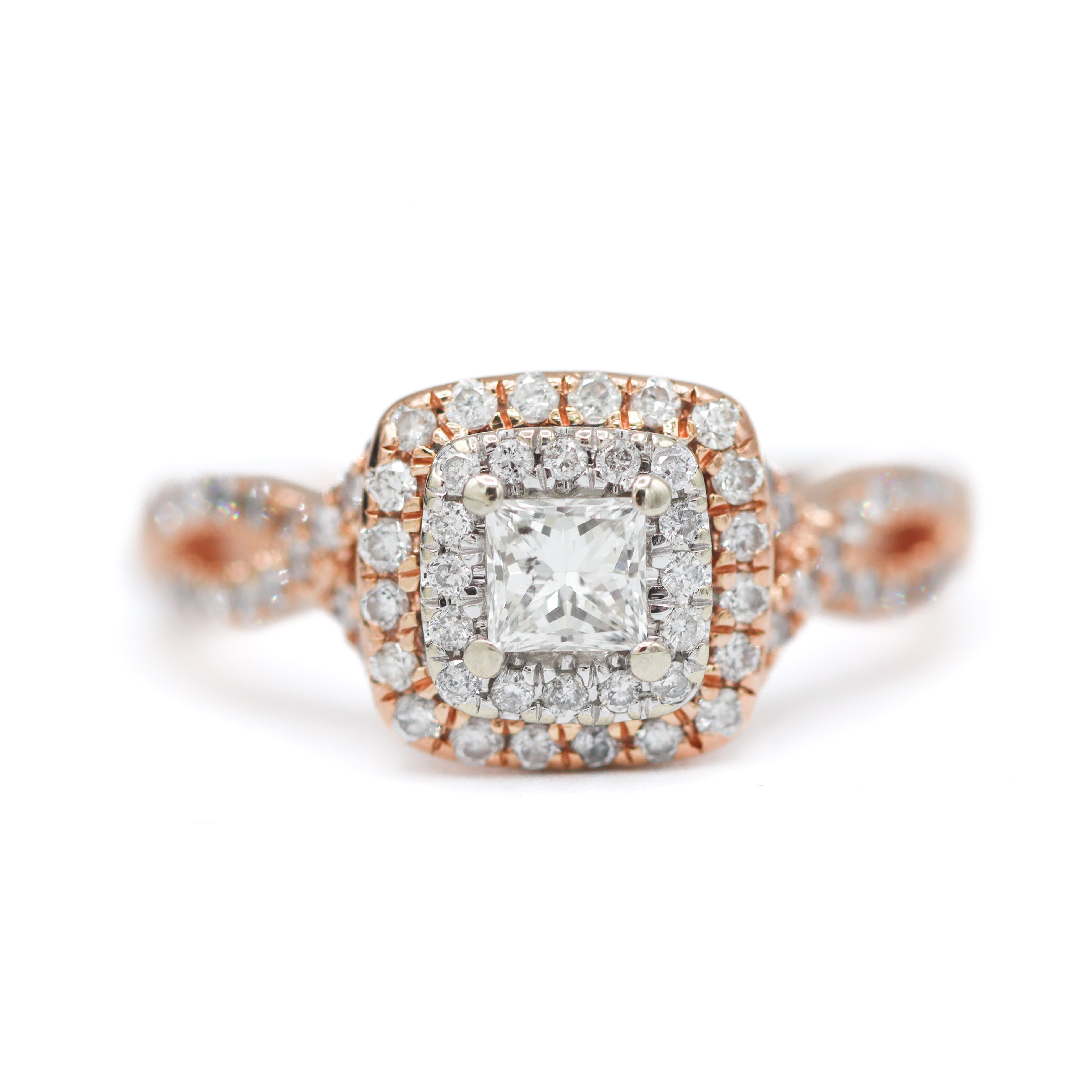 Estate Collection: 14K Rose Gold Princess-Cut Diamond Double Halo Twisted-Shank Accented Engagement Ring