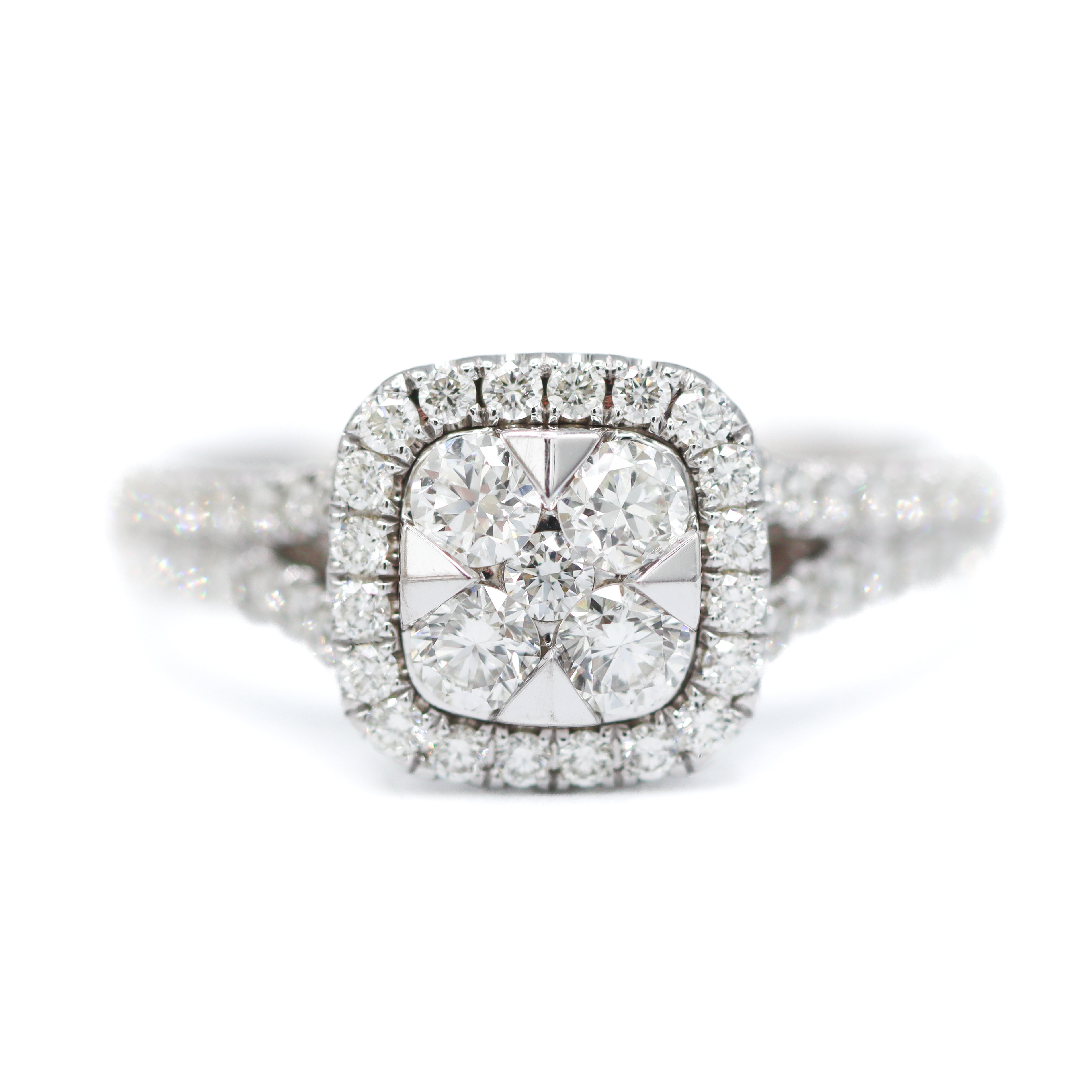 Front View of 14K White Gold Diamond Cluster Cushion Halo Split-Shank Accented Engagement Ring