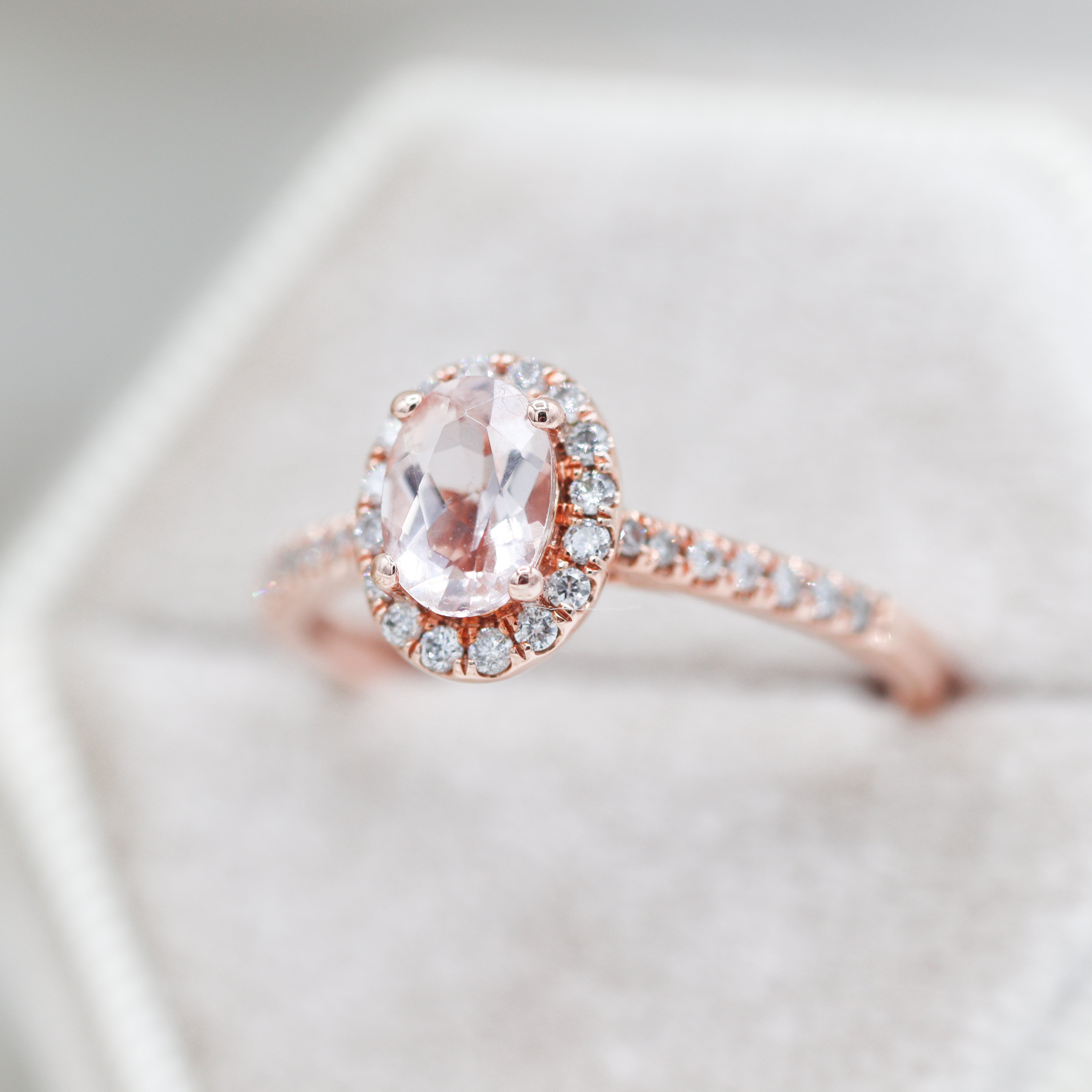 14K Rose Gold 1/3CT. Morganite & Diamond Oval-Cut Halo Engagement Ring