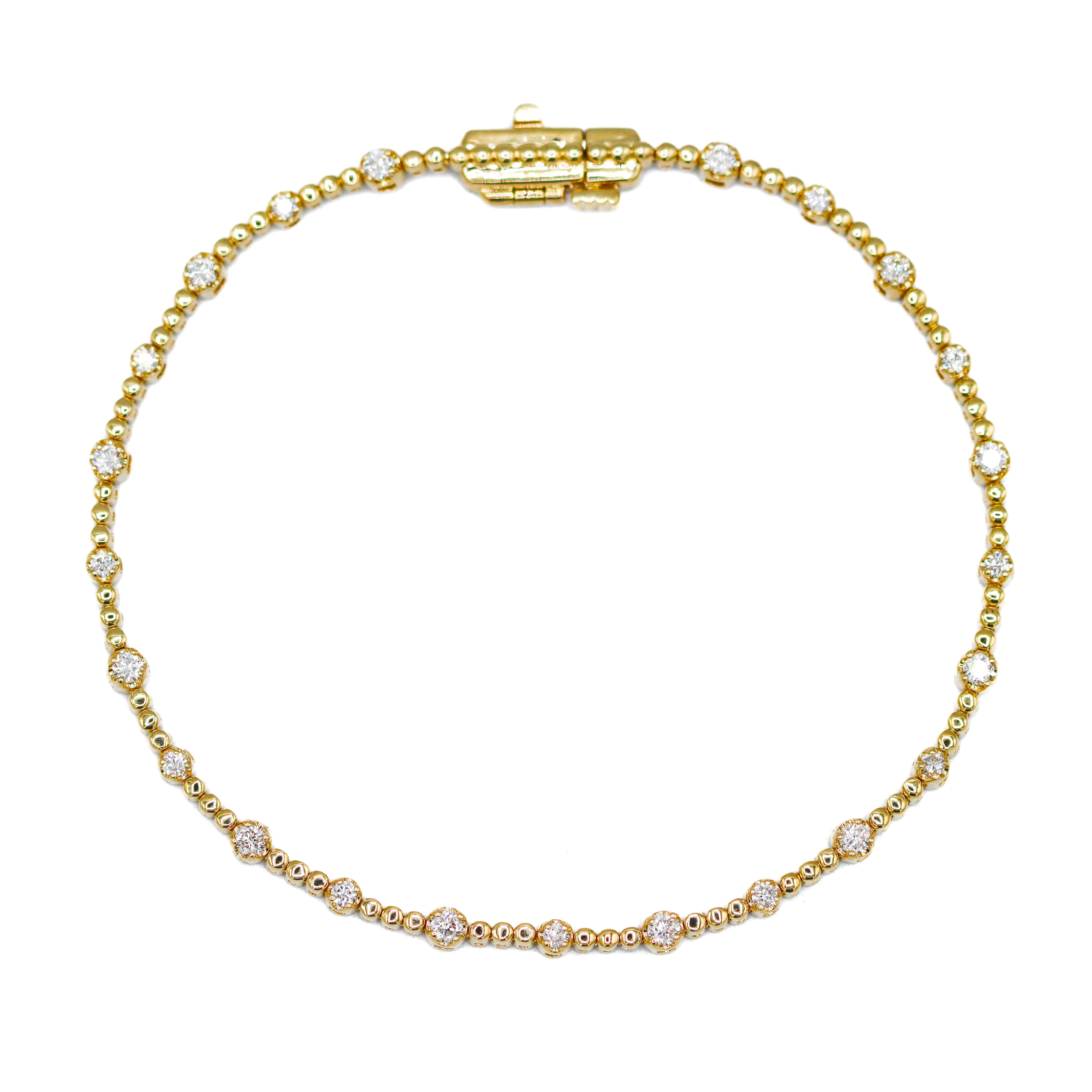 14K Yellow Gold 0.61CTW. Diamond Beaded Station Tennis Bracelet on a white background