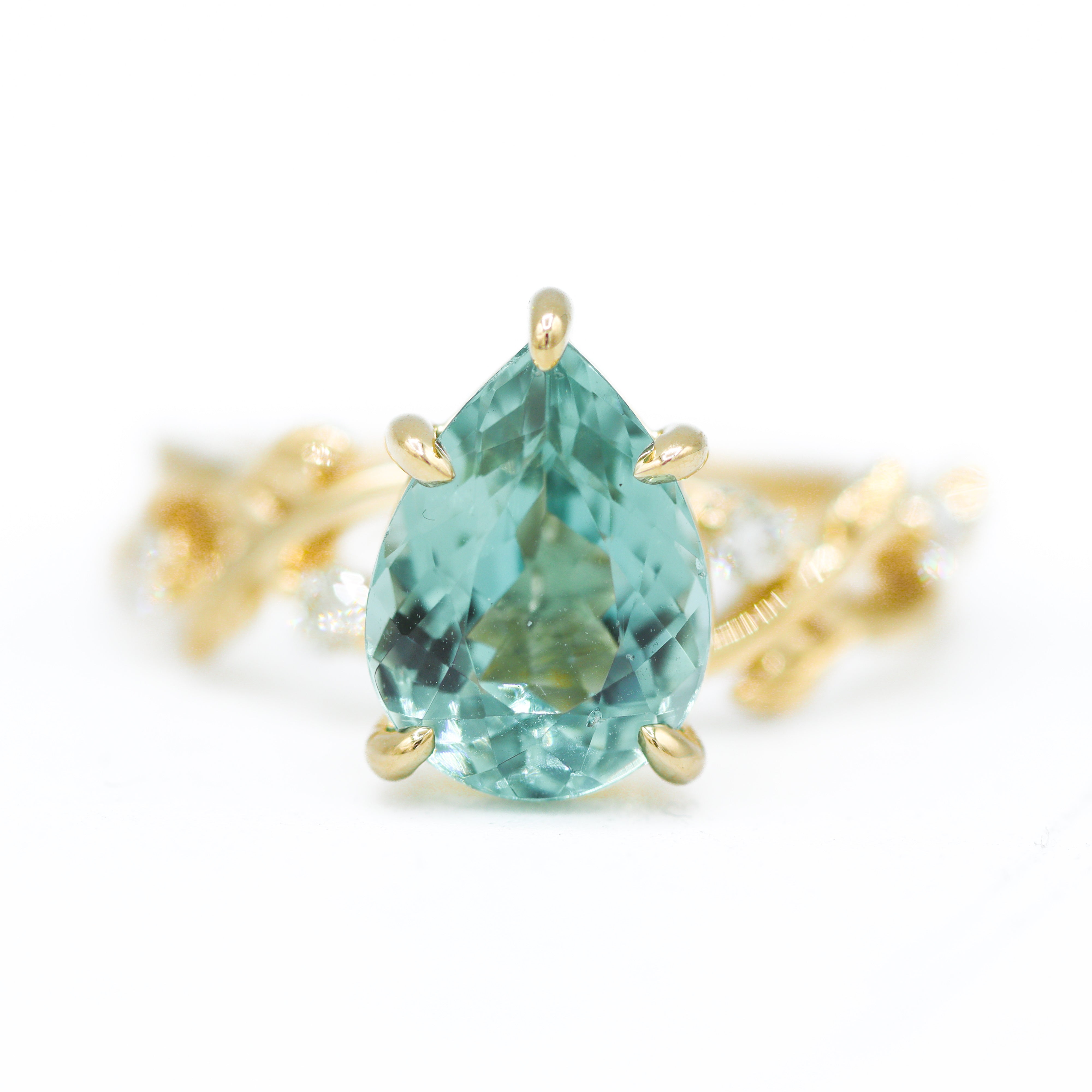 Front View of 14K Yellow Gold 2.65CT. Pear-Cut Green Tourmaline & Diamond Vine Nature-Inspired Ring