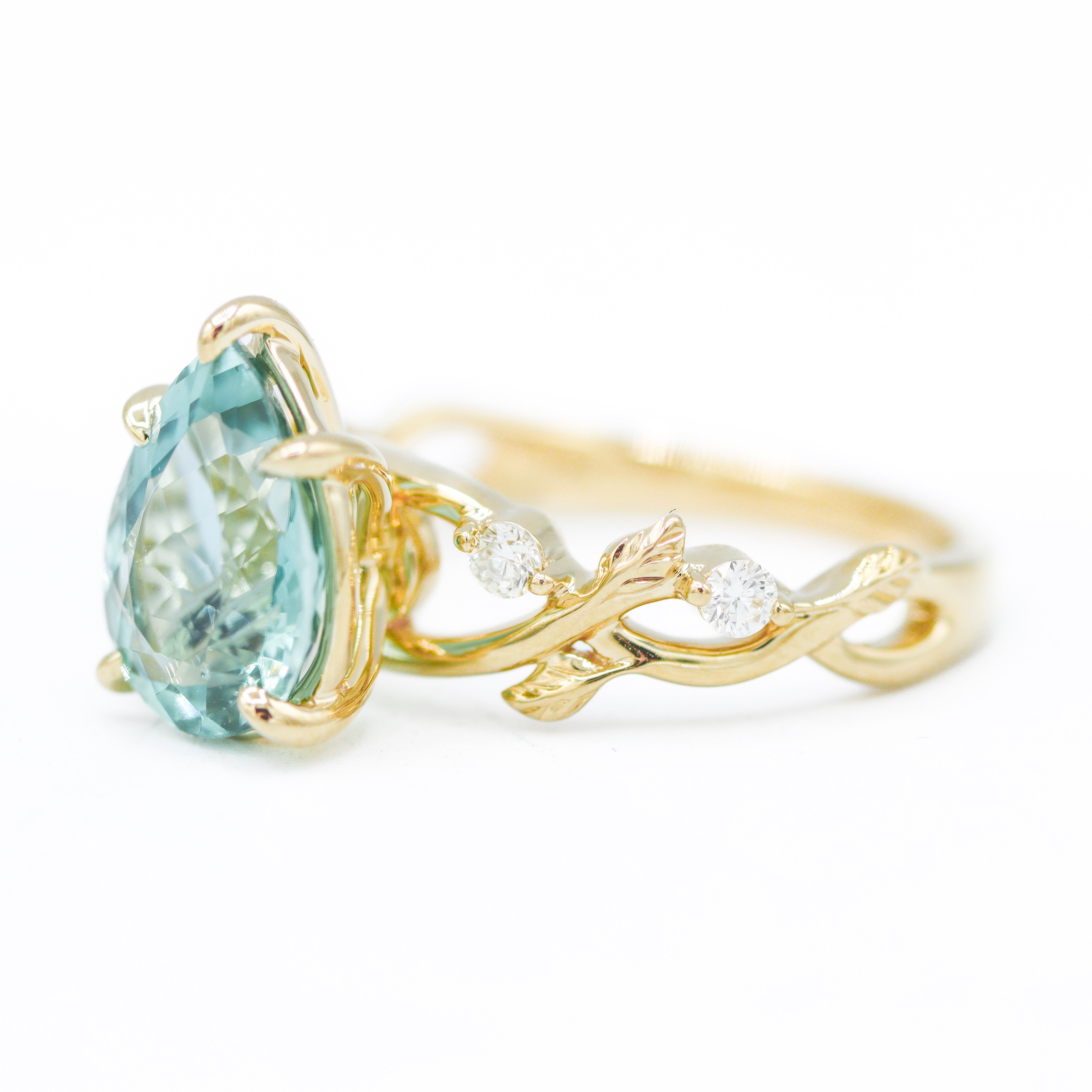 Right side view of 14K Yellow Gold 2.65CT. Pear-Cut Green Tourmaline & Diamond Vine Nature-Inspired Ring
