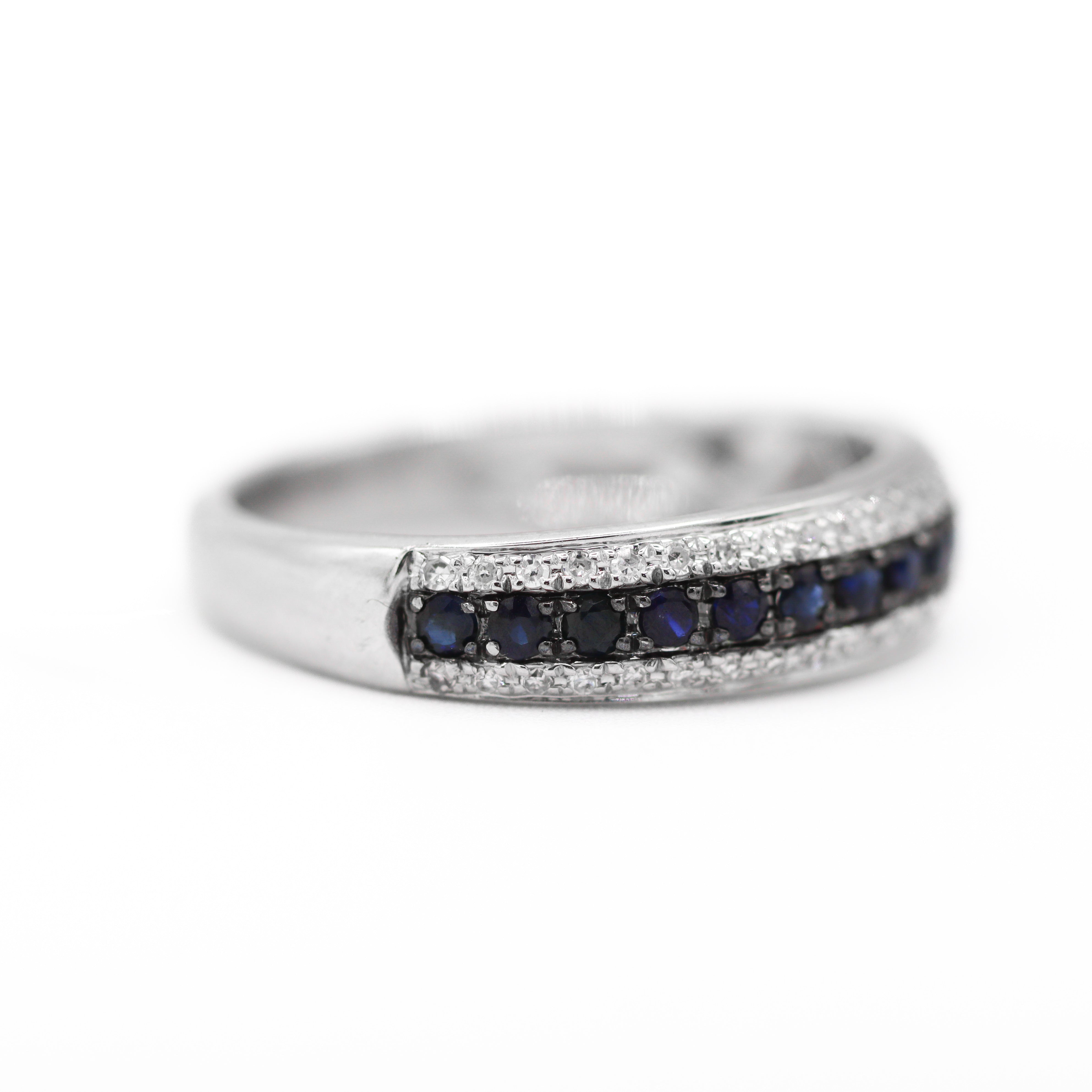 Side picture of Effy 14K White Gold 0.17CTW. White Diamond& Blue Sapphire Band