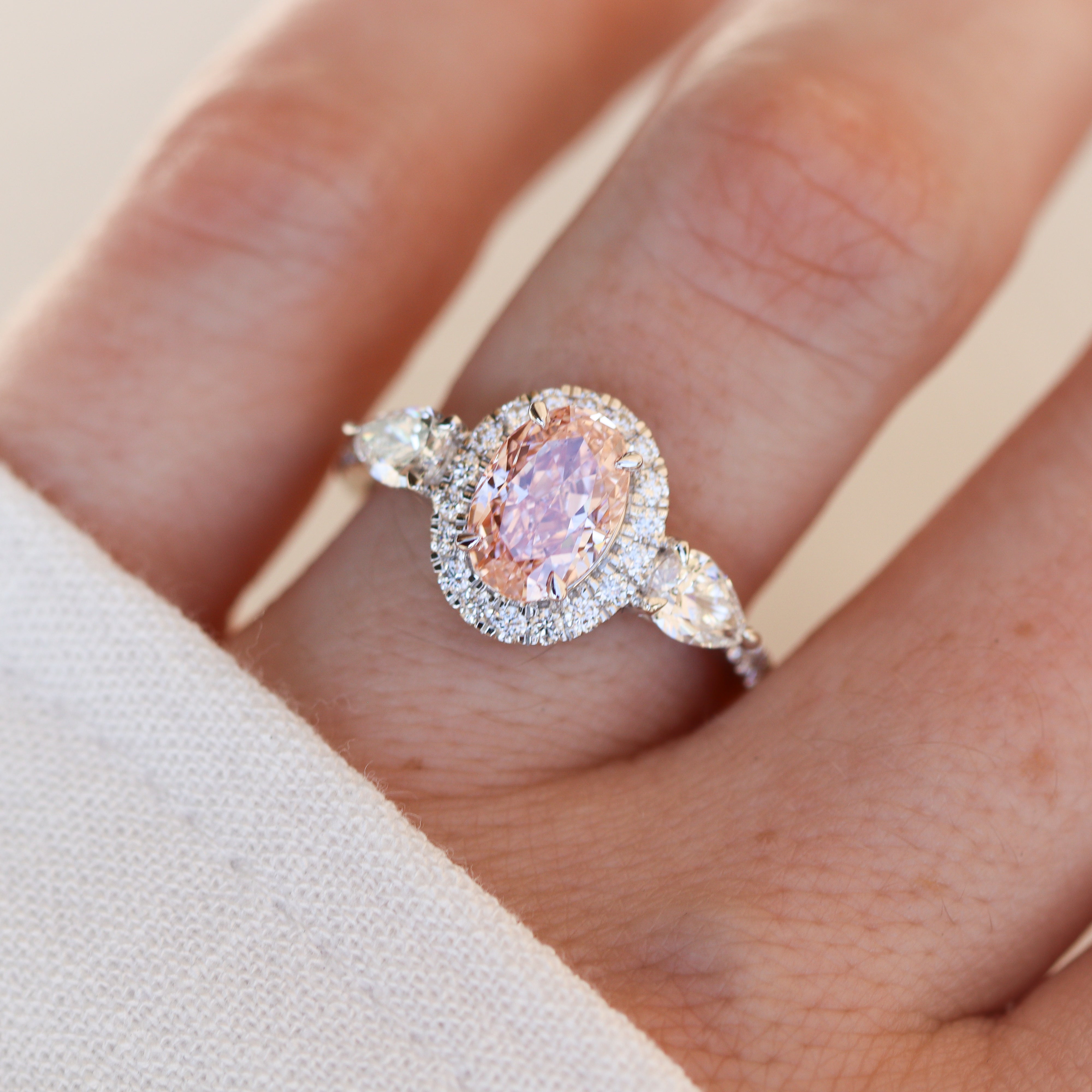 The "Peony" — 14K White Gold 2.56CTW. Certified Pink Oval-Cut Lab-Grown Diamond Halo Accented Engagement Ring