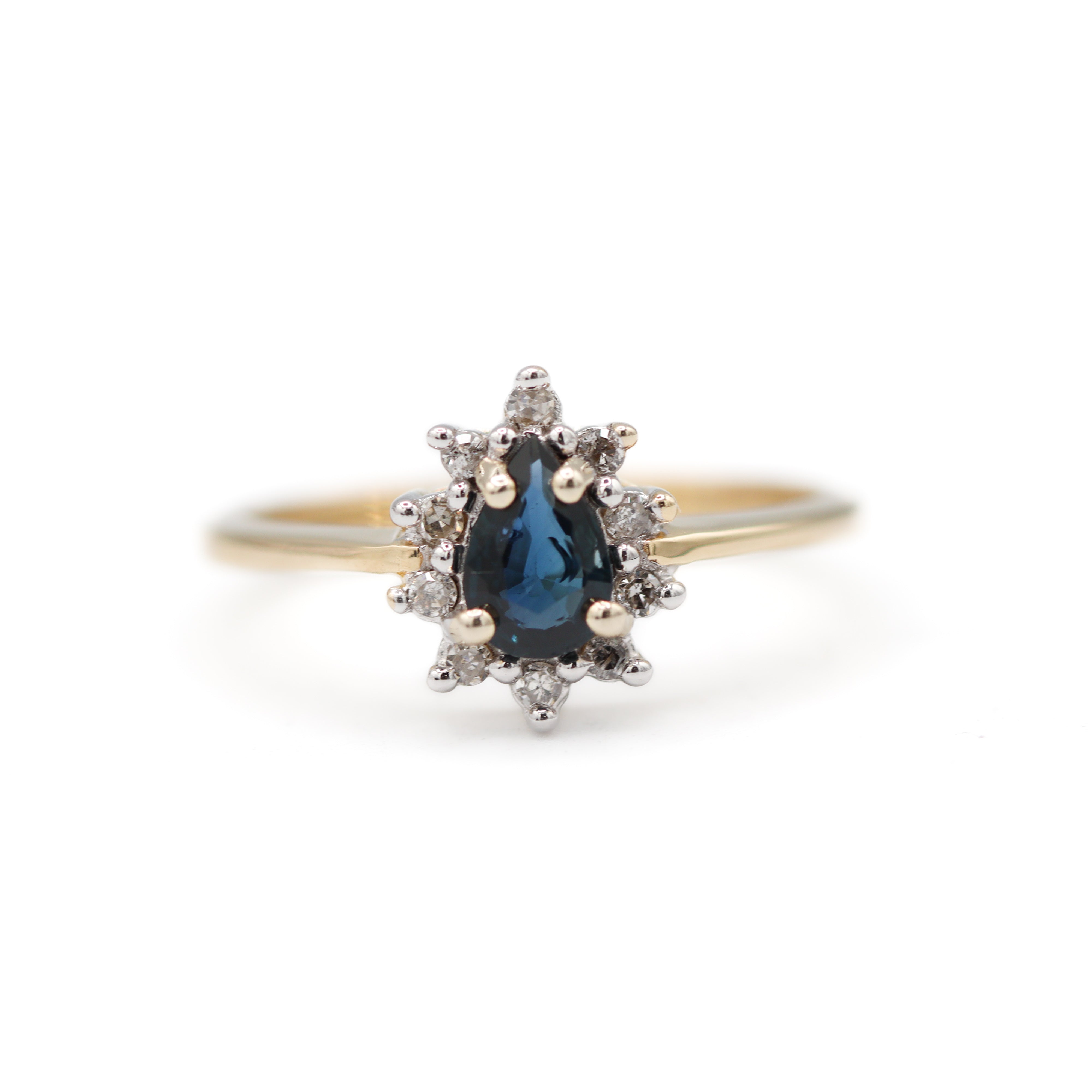 Front View Estate Collection: 10K Yellow Gold Pear-Shape Sapphire & Diamond Accented Halo Ring
