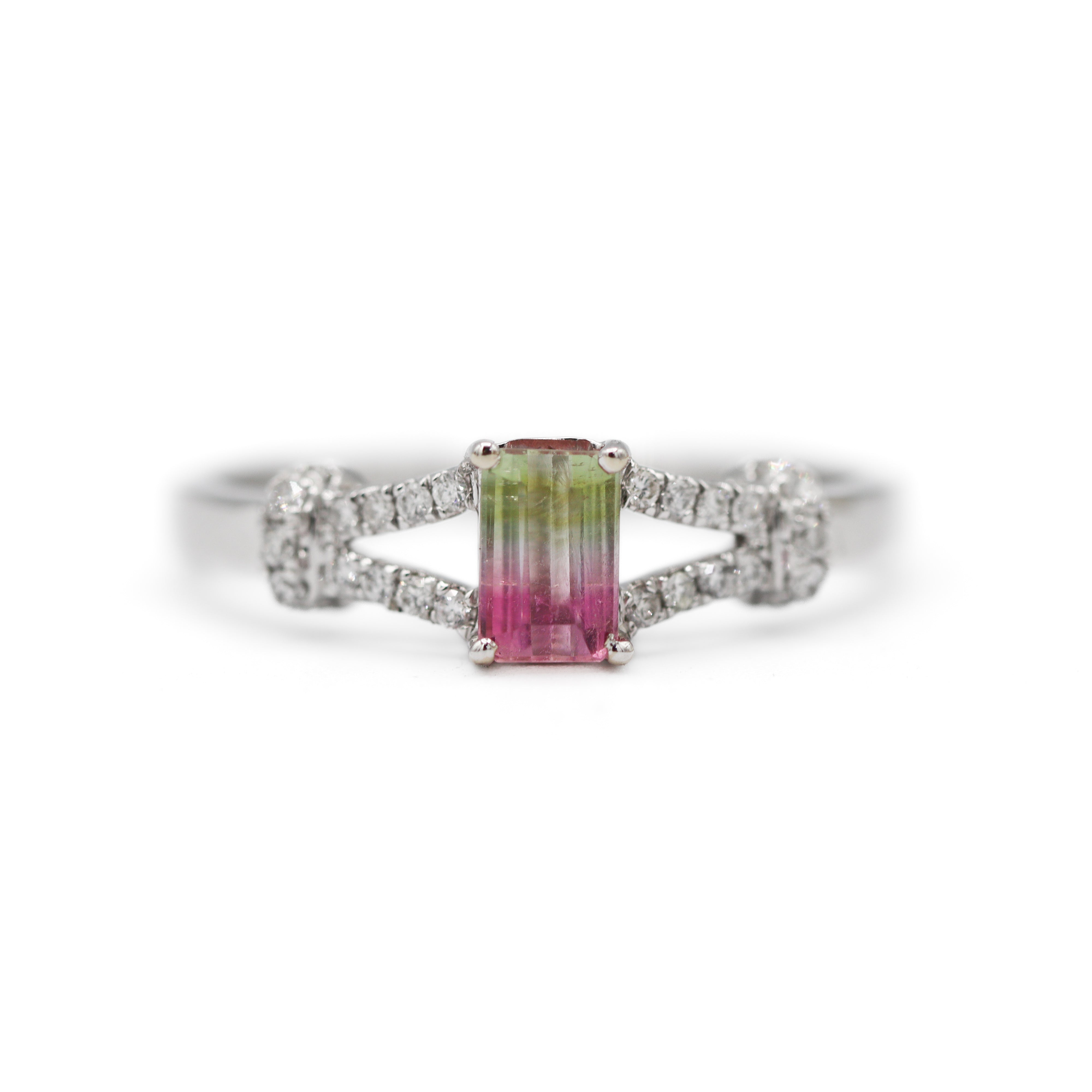 14K White Gold 0.50CT. Emerald-Cut Watermelon Tourmaline & 0.16CTW. Diamond Accented Ring