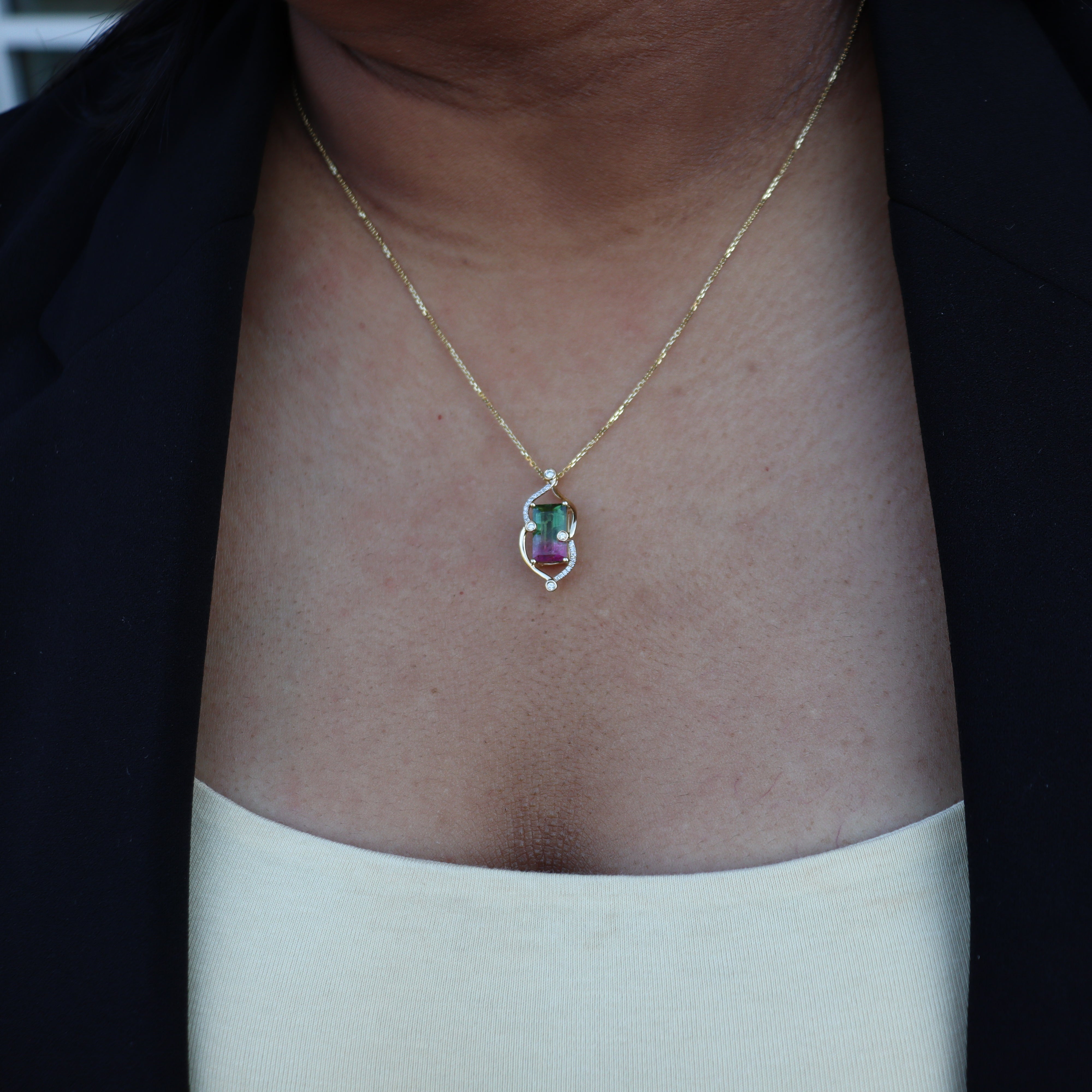 14K Yellow Gold 2.72CT. Watermelon Tourmaline and 0.14CTW. Diamond Pendant Necklace
