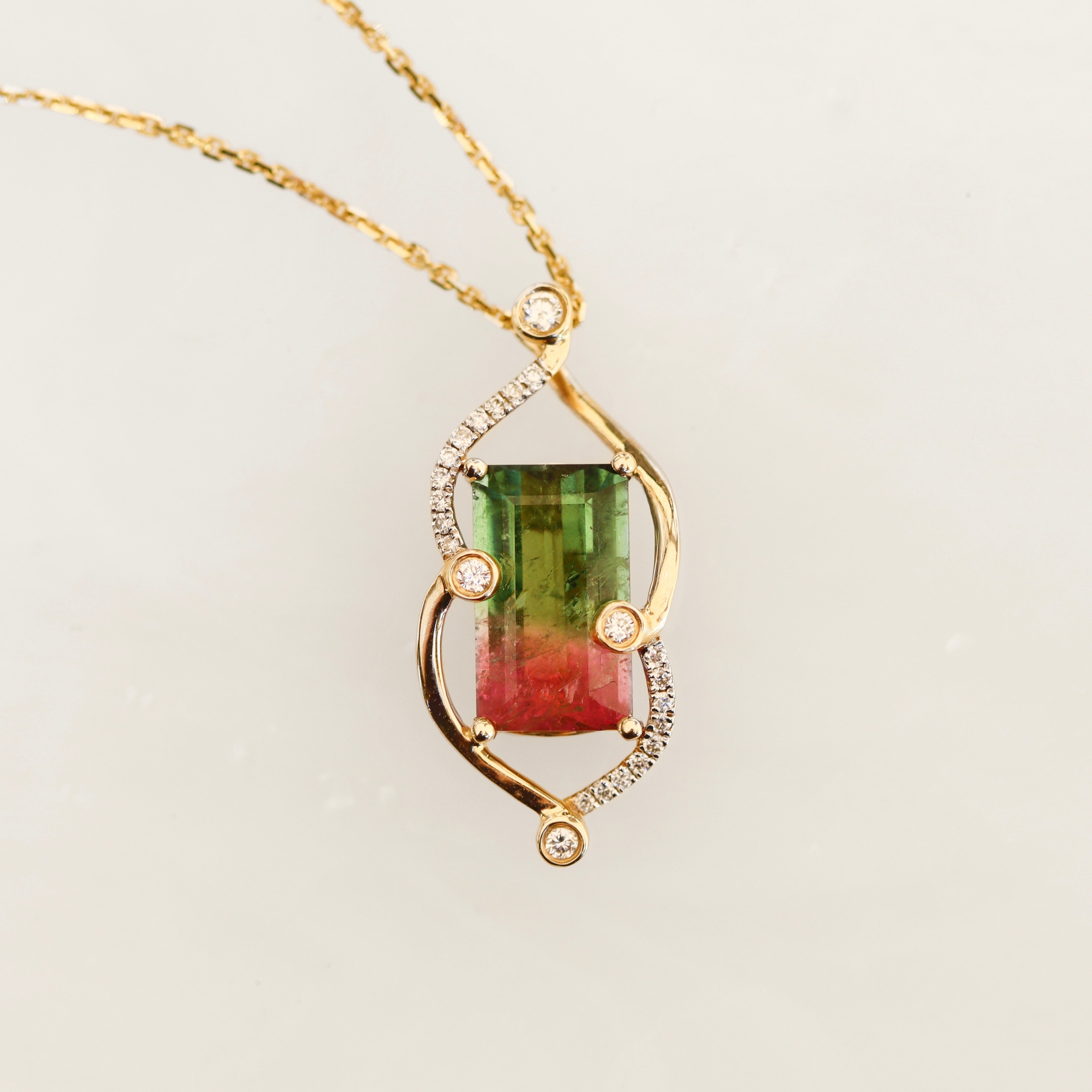14K Yellow Gold 2.72CT. Watermelon Tourmaline and 0.14CTW. Diamond Pendant Necklace