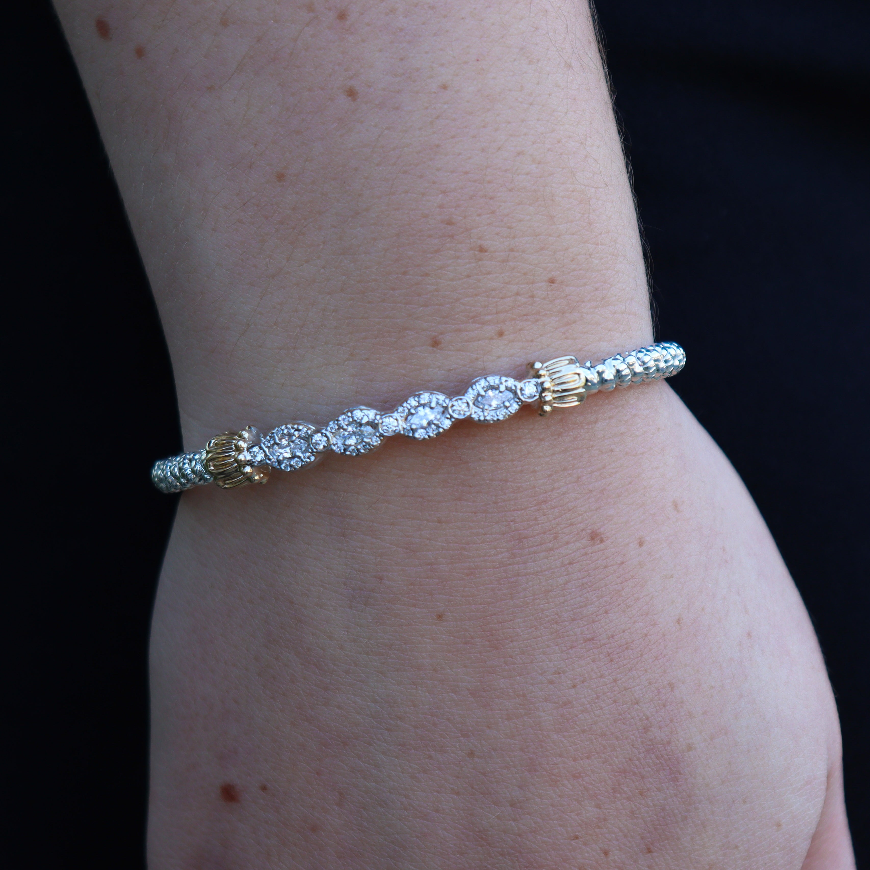 VAHAN 14K Yellow Gold Accented 0.62CTW. Diamond 3MM Stackable Sterling Silver Bangle Bracelet