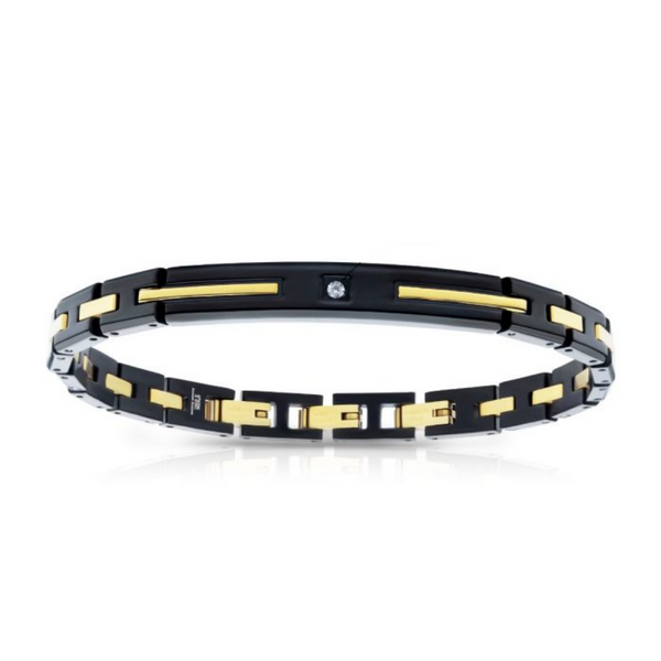 INOX Two Tone Black & 18K Yellow Gold-Plated Stainless Steel Link Bracelet with Lab-Grown Diamond Accent