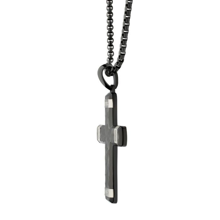 INOX Stainless Steel Black Plated Carved Cross with Lab-Grown Diamond Accents