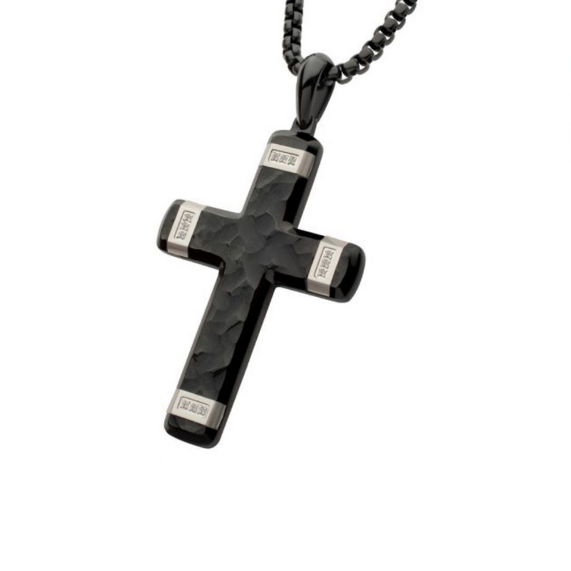 INOX Stainless Steel Black Plated Carved Cross with Lab-Grown Diamond Accents