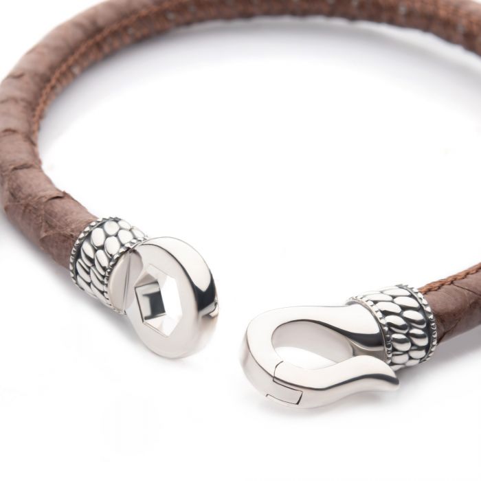 INOX Sterling Silver & Brown Leather Python 6MM Hook Bracelet