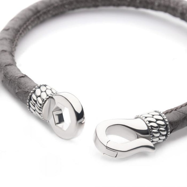 INOX Sterling Silver & Gray Leather Python 6MM Hook Bracelet
