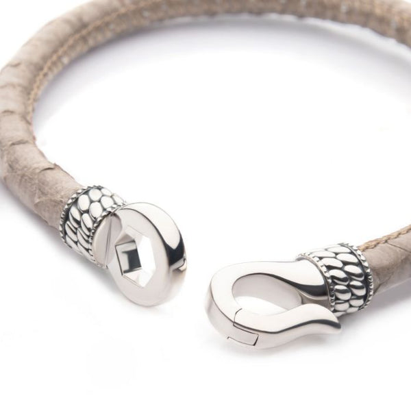INOX Sterling Silver & Light Tan Leather Python 6MM Hook Bracelet