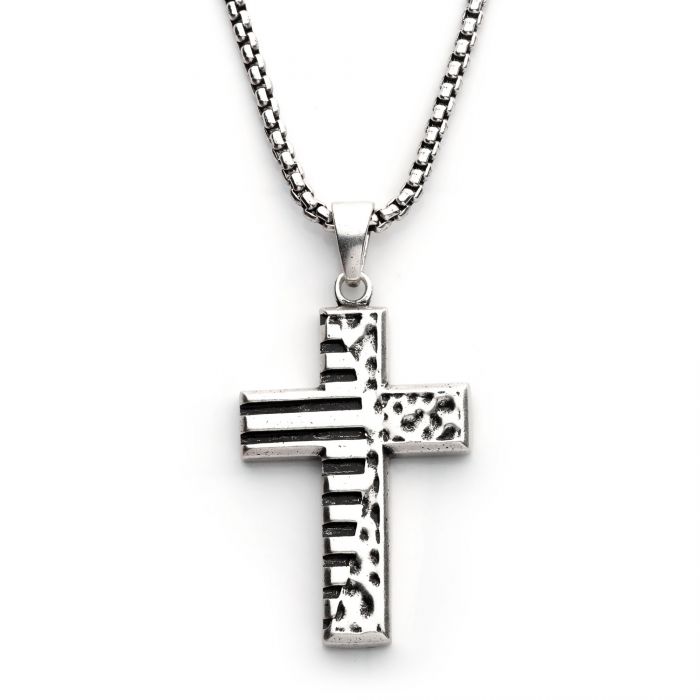 INOX Sterling Silver Oxidized Striped Cross Pendant with Box Chain
