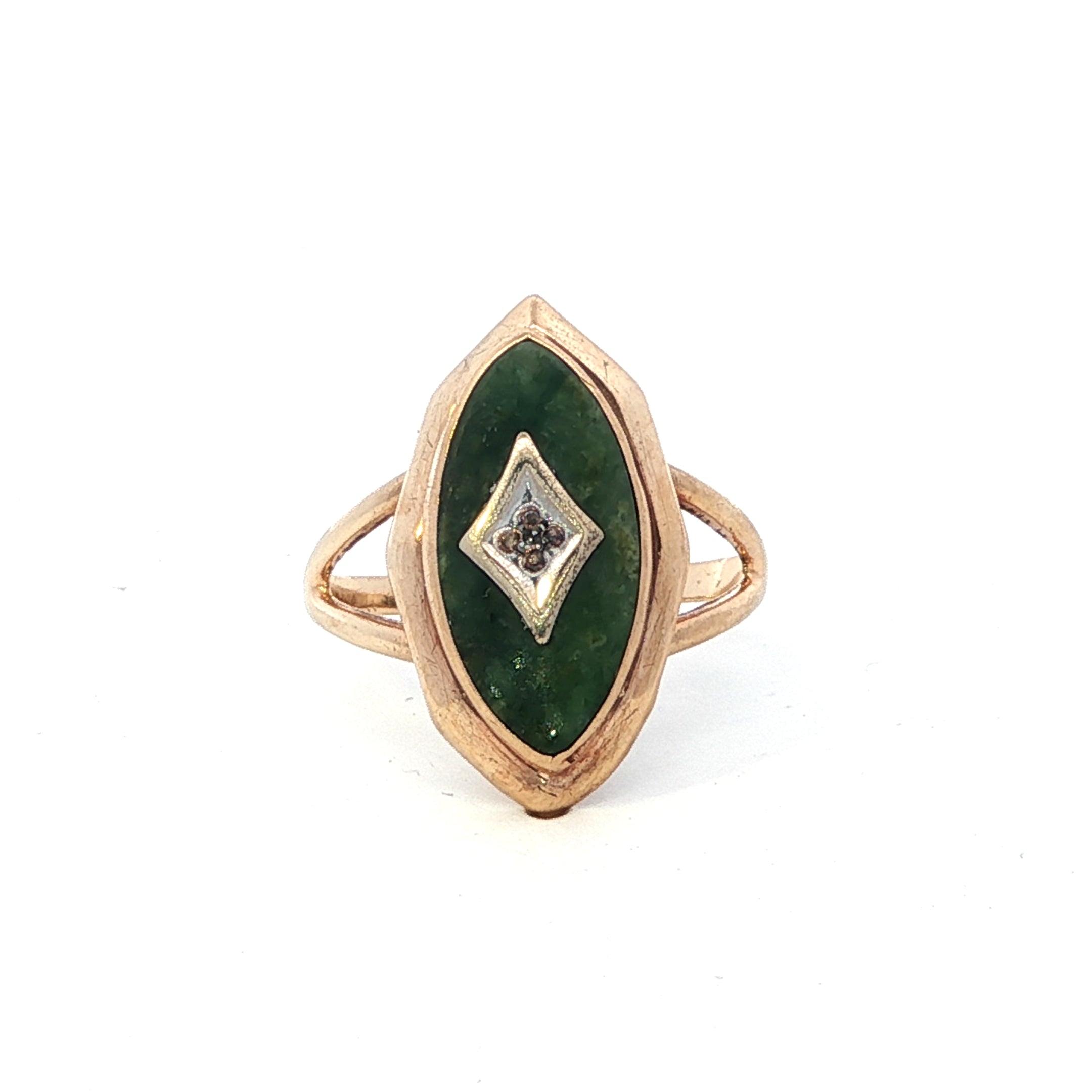 Estate Collection: 10K Yellow Gold Marquise Jade Antique-Style Diamond Accented Fashion Ring