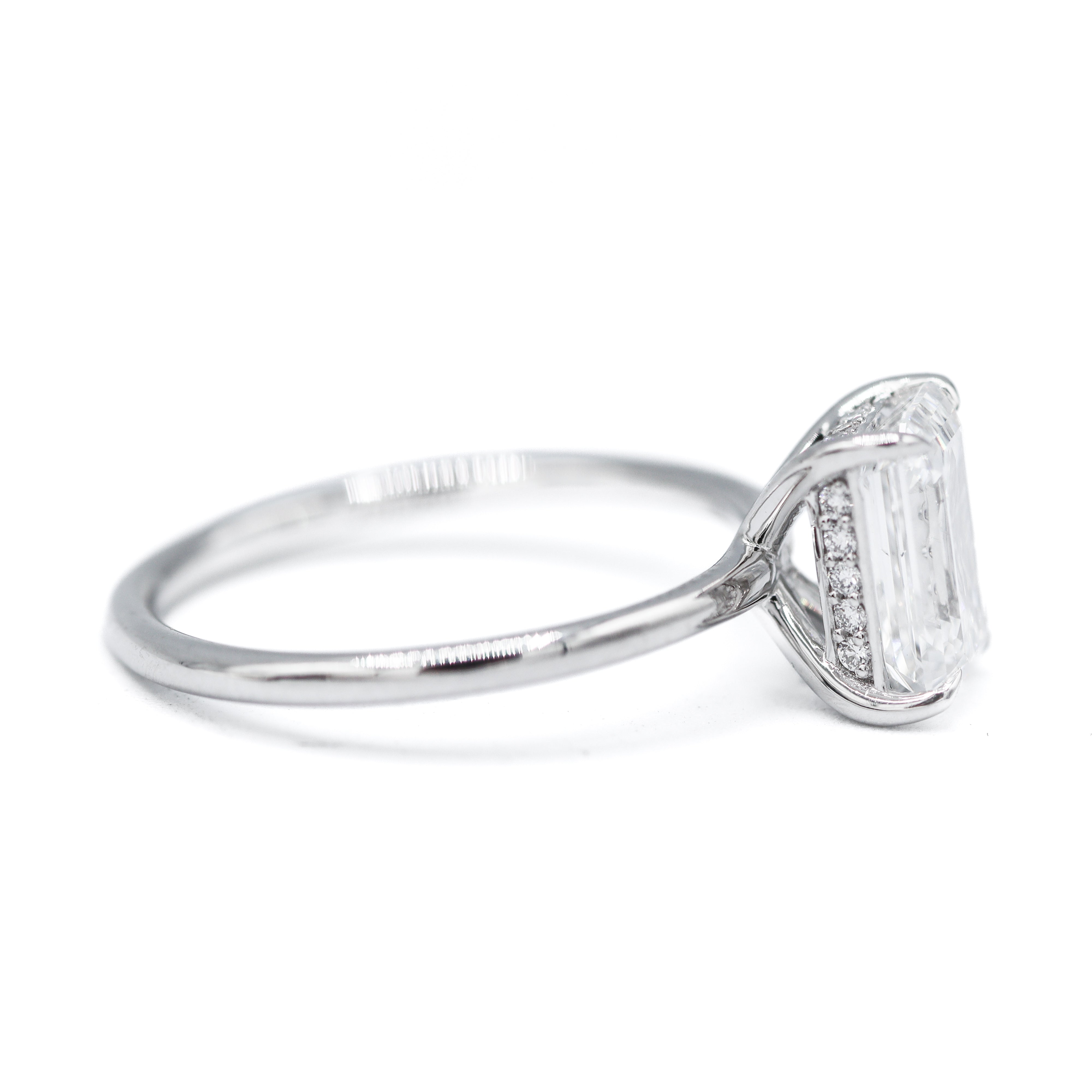 Left Side View of 14K White Gold 2CT. Emerald-Cut Lab-Grown Diamond Engagement Ring with hidden halo