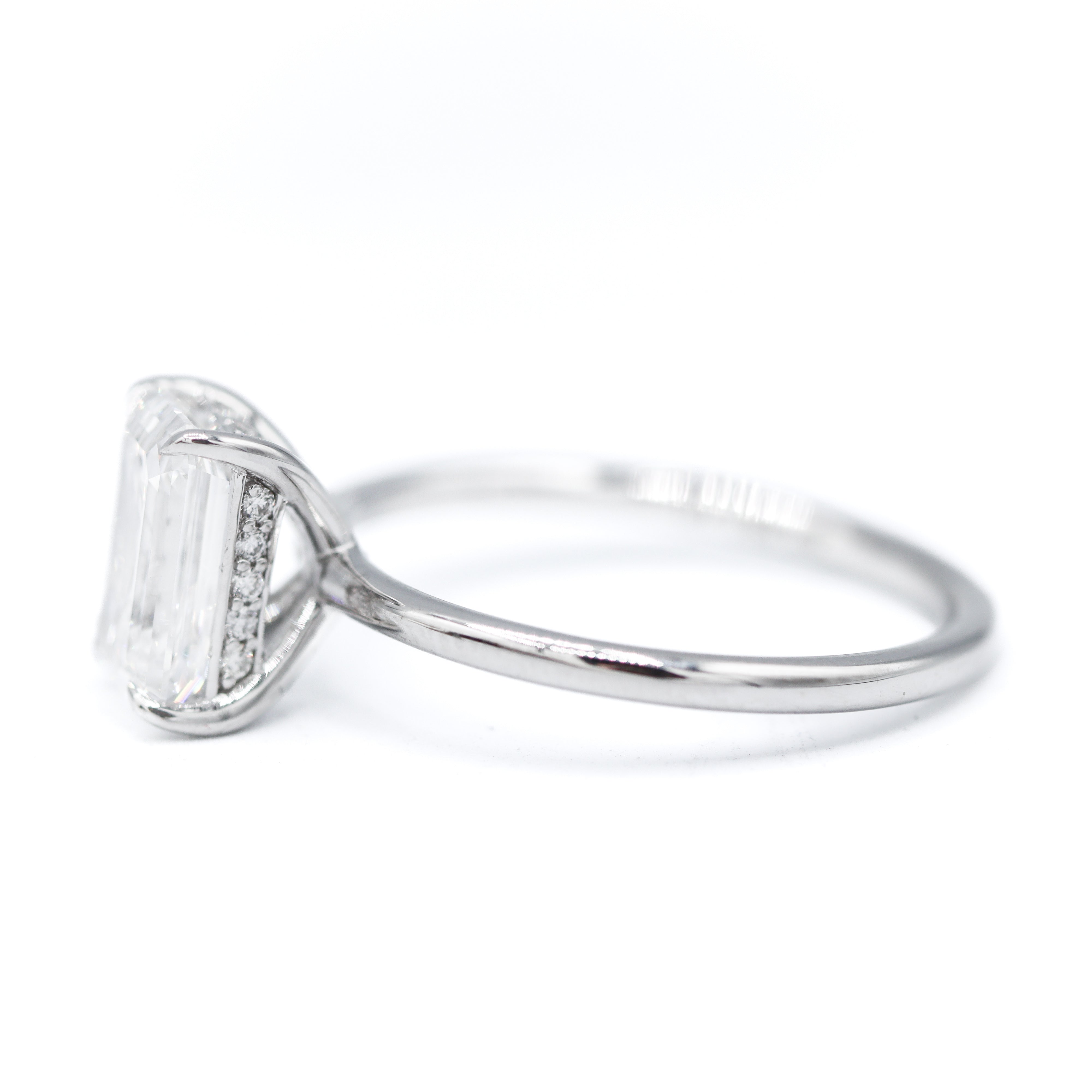 Right Side View of 14K White Gold 2CT. Emerald-Cut Lab-Grown Diamond Engagement Ring with hidden halo