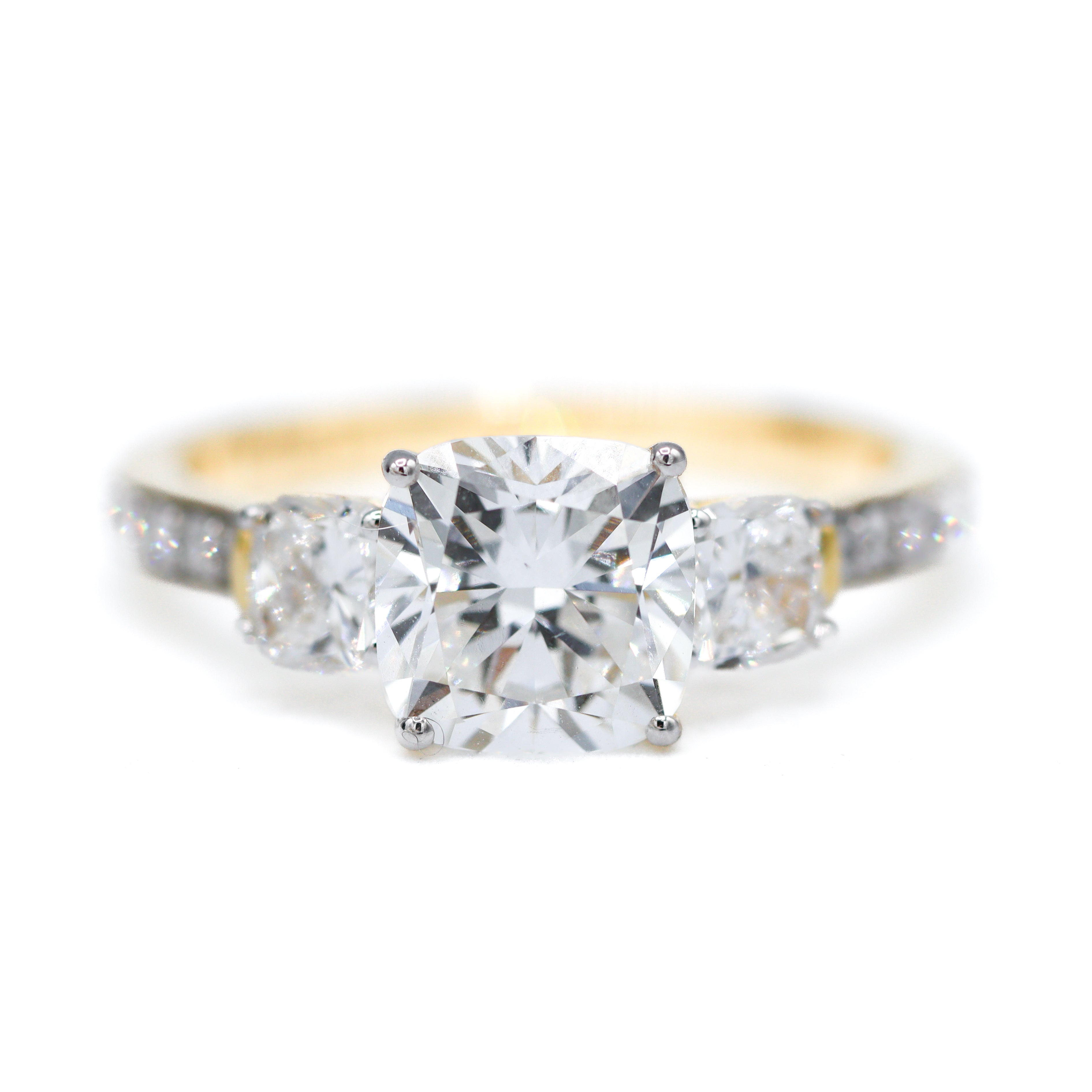 Front View of 14K Yellow Gold 2.09CT. Center Cushion-Cut Lab-Grown Diamond Accented Engagement Ring